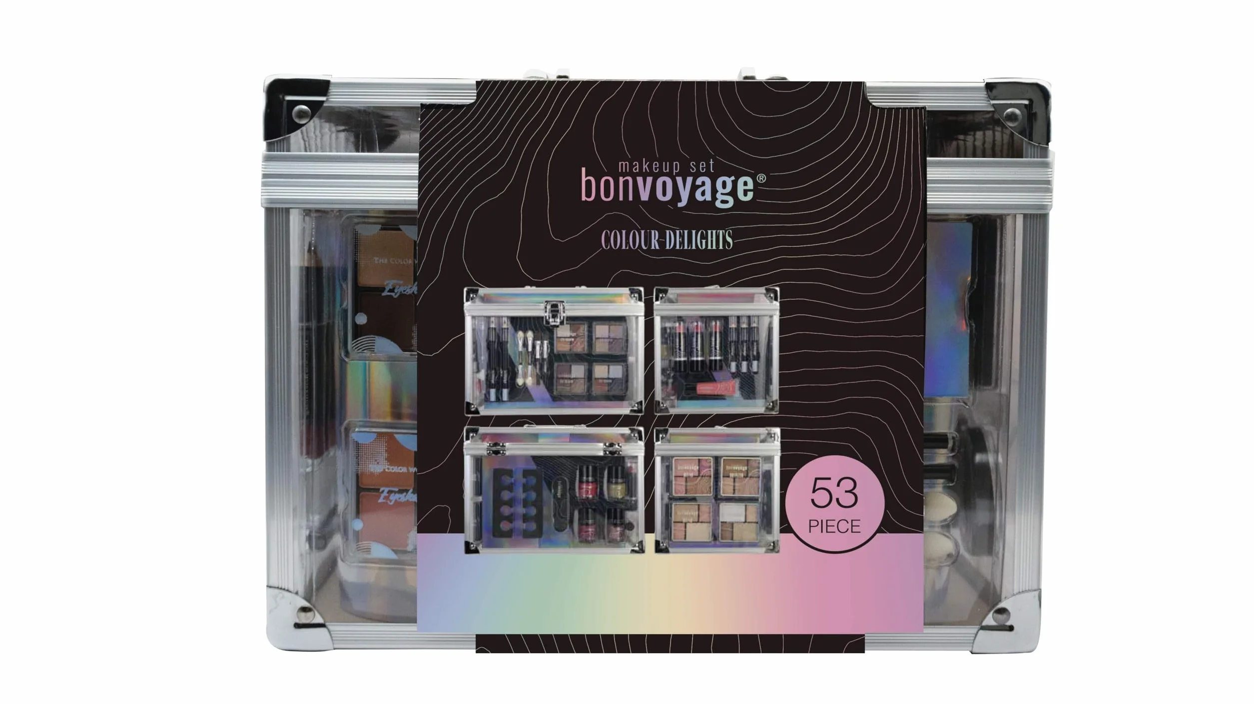 bonvoyage, Set Trucchi Donna, Include Rossetti, Ombretti, Fard, Bronzer, Illuminante, e Pennelli Make Up, Valigetta Trasparente Portatile e Leggera, Colour Delights