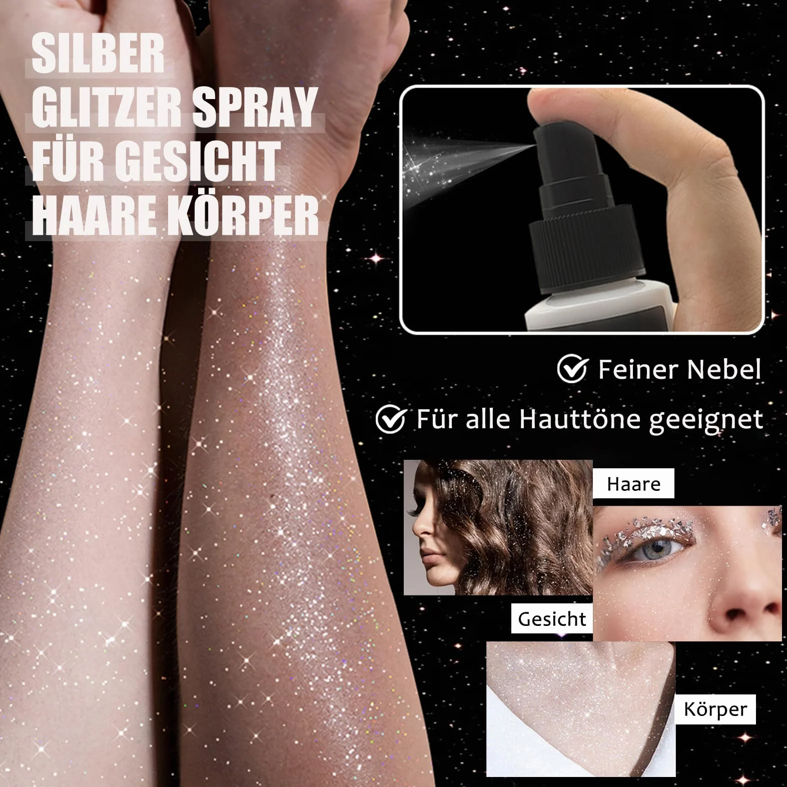Spray glitter argento, glitter spray per capelli e corpo, glitter per viso e vestiti, body glitter spray con nebbia ultra fine, accessori per festival ad asciugatura rapida per Halloween Carnevale