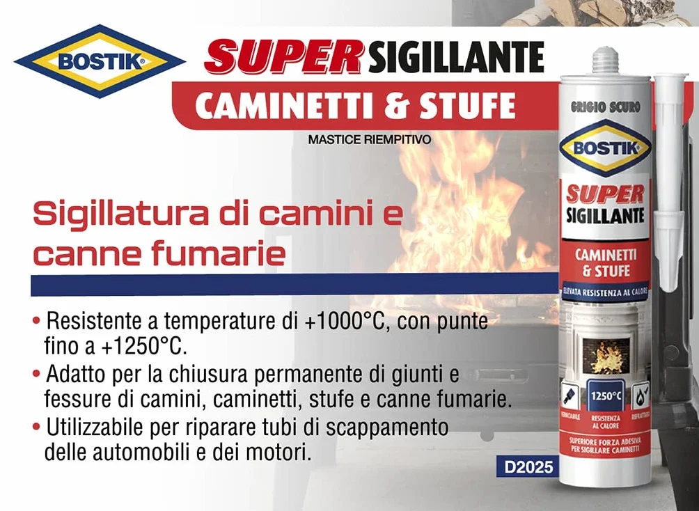 Bostik Super Sigillante Caminetti Stufe resistente alle alte temperature 1250°C cartuccia 530gr