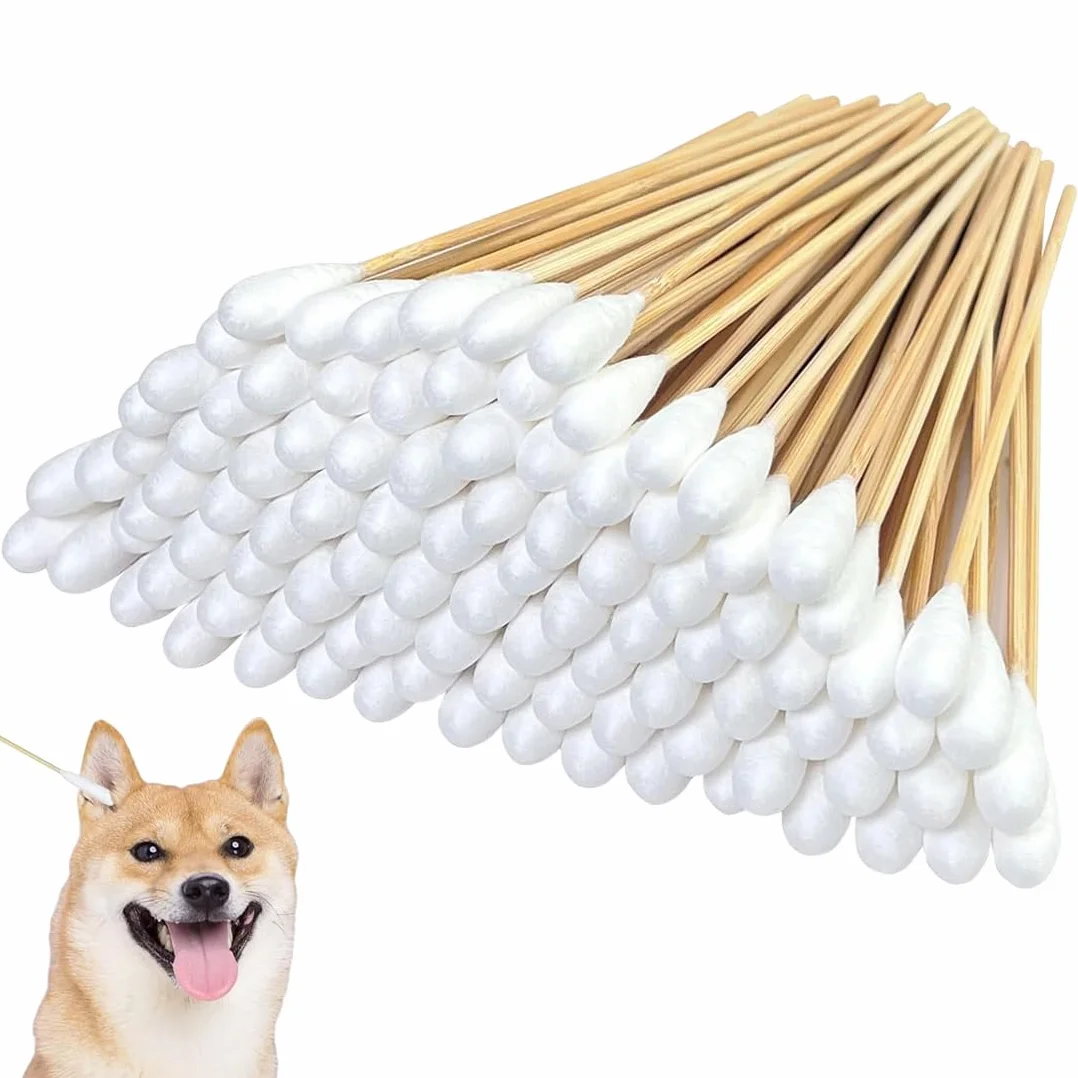 100 Pezzi Cotton Fioc per Cani, Bastoncini per Pulizia Orecchie Lunghi, Tamponi di Cotone con Punta Larga per Animali Domestici Cani e Gatti (12cm)