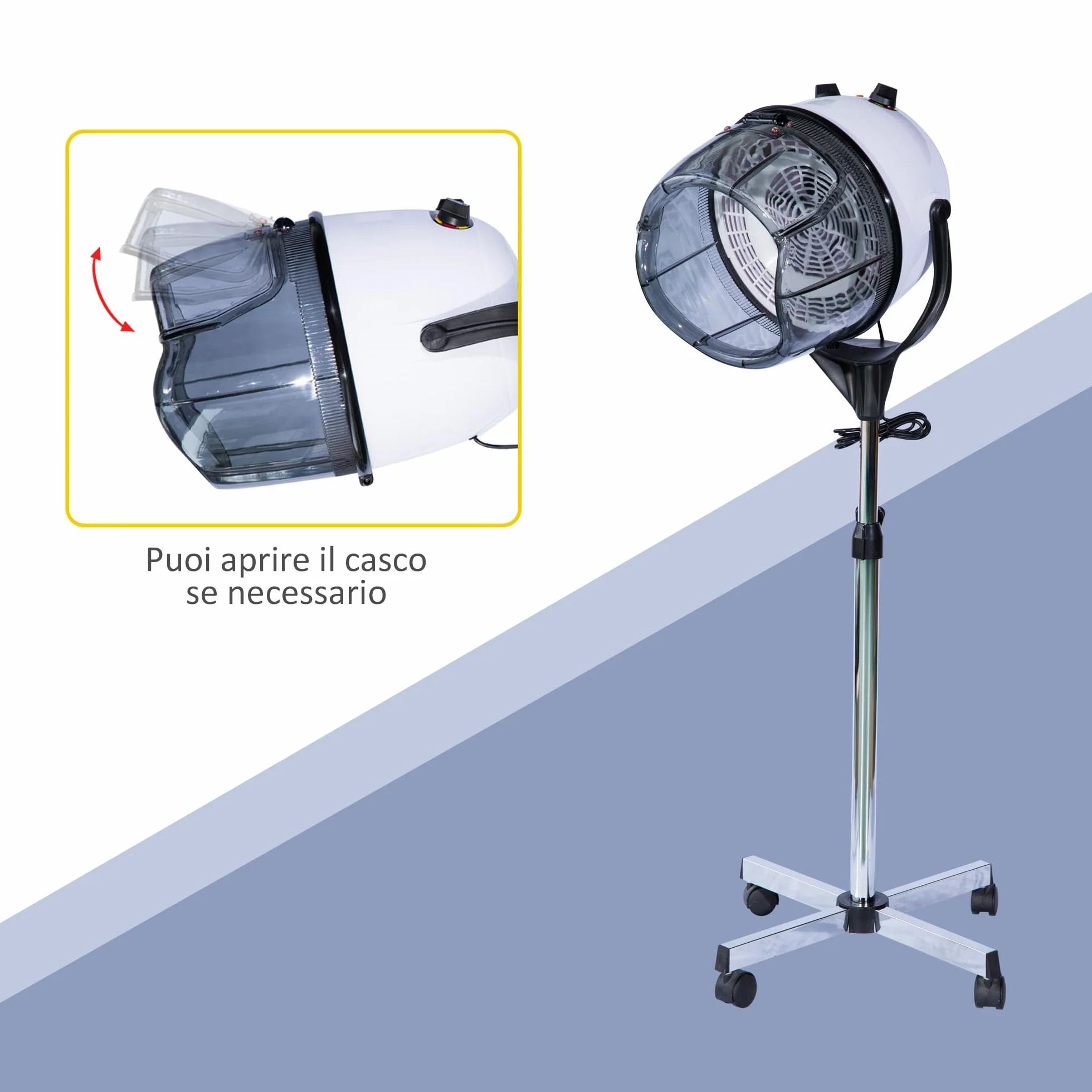 HOMCOM Casco Asciugacapelli 1180W ad Altezza Regolabile, Casco per Capelli con Timer 60 Minuti e Ruote Girevoli, in PP, PC e Acciaio, 65x65x115-165 cm, Bianco