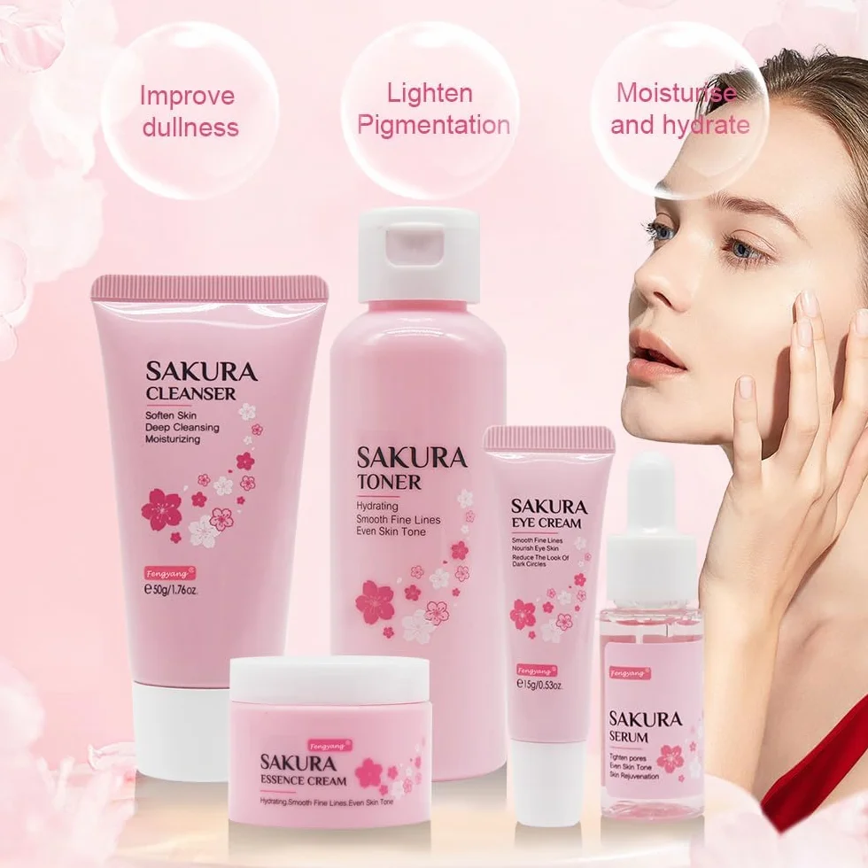 Fengyang ®Set per la Cura Della Pelle Sakura,Cura Della Pelle Viso,5pcs Set Regalo per la Cura Della Pelle,Con Detergente,Toner,Crema Occhi,Siero,Crema,Regalo per Adolescenti Ragazze Signora(5Pcs)