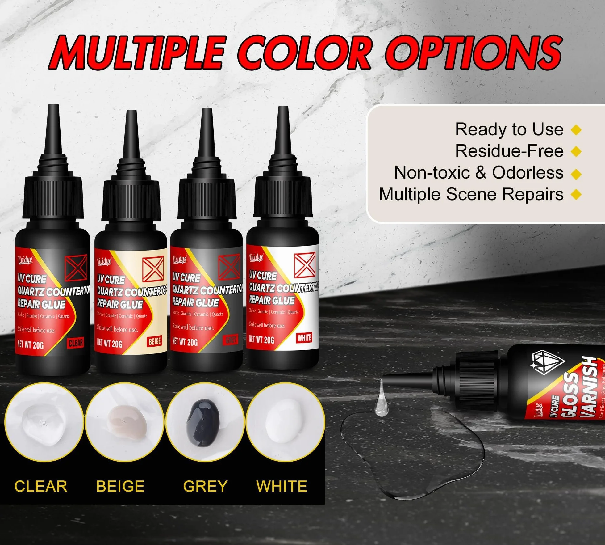 Kit Riparazione Piastrelle Doccia Bacino con Colla 4 Colori, Lampada UV e Vernice per Quarzo, Granito, Marmo, Fibra di Vetro, Ceramica, Acrilico