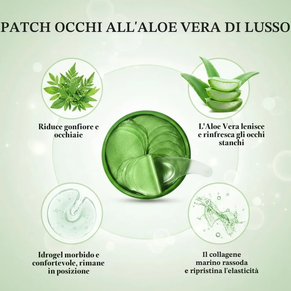 Aloe Vera Patch Occhi Antirughe, 60 Pcs Collagene Patch Occhiaie e Borse, Maschera Occhi Riduce le Rughe e le Linee Sottili, Migliora e Rassoda la Pelle degli Occhi, Contorno Occhi Idratante