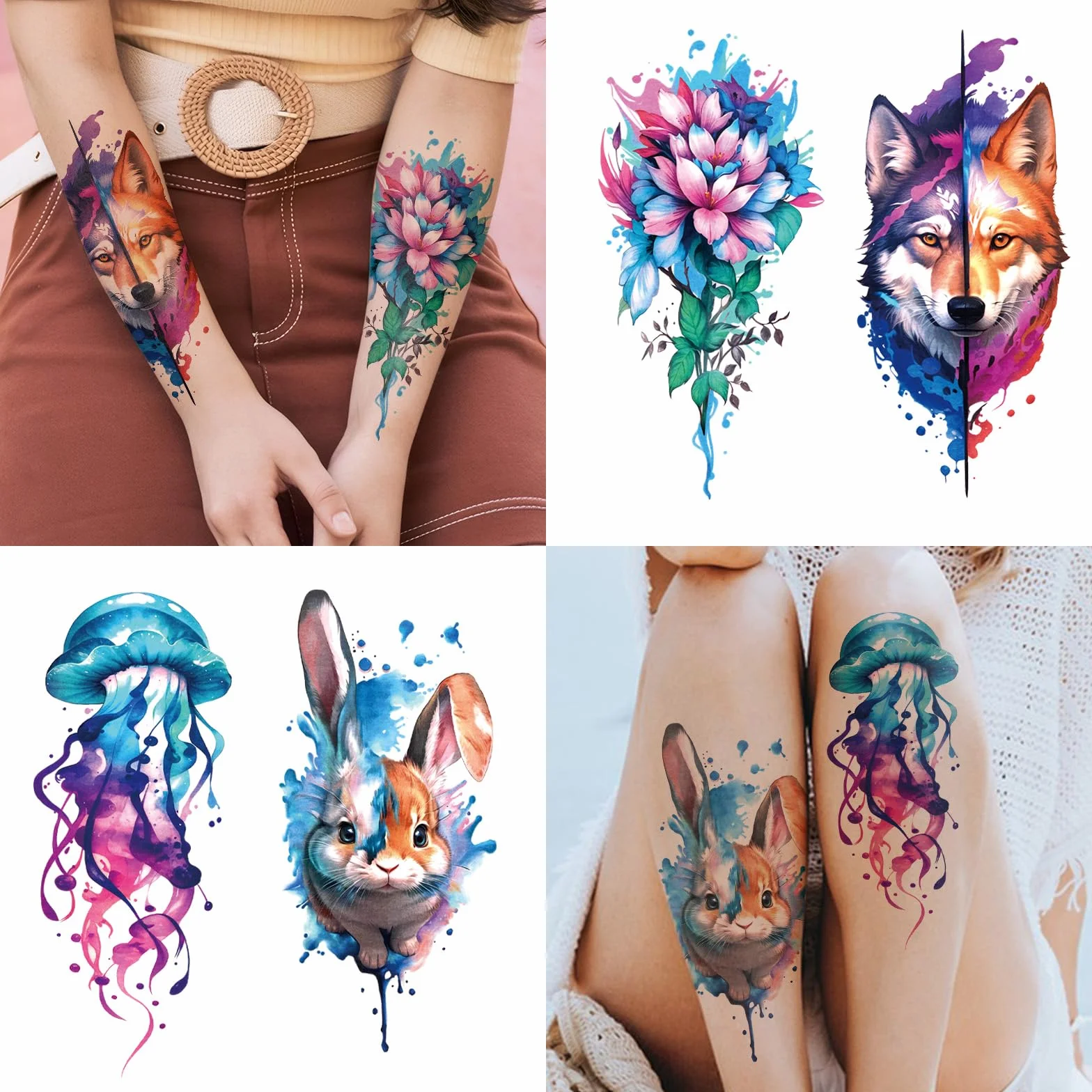 77 Tatuaggi Temporanei Fiori Leoni Tigri, 17 Grandi Disegni Mezzo Braccio Gatti-Gufi-Pappagalli, 60 Mini Lupi Piume Realistici Adulti Bambini
