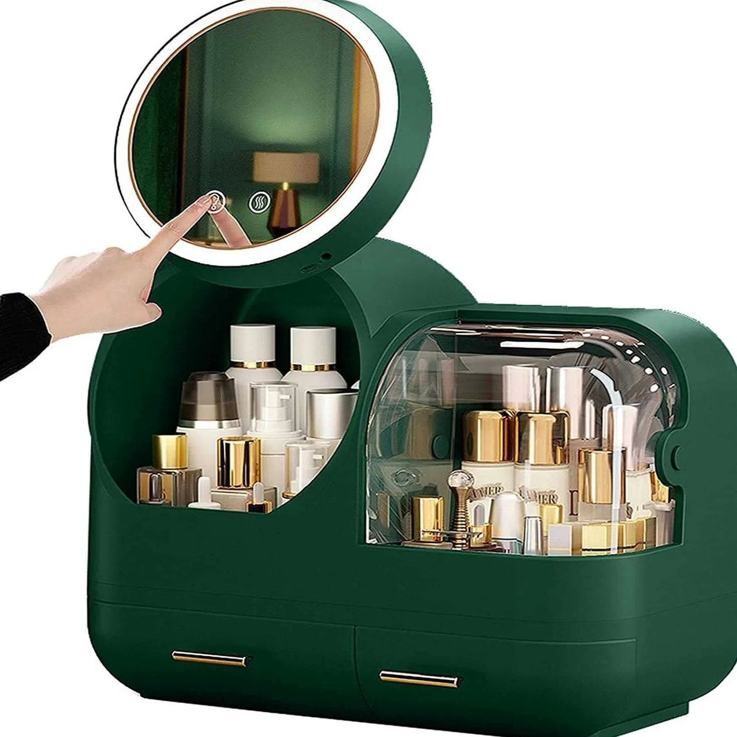 Organizer per trucchi con specchio LED rotante a 360°, scatola portaoggetti multifunzionale da appoggio, organizer per cosmetici, 3 opzioni di colore