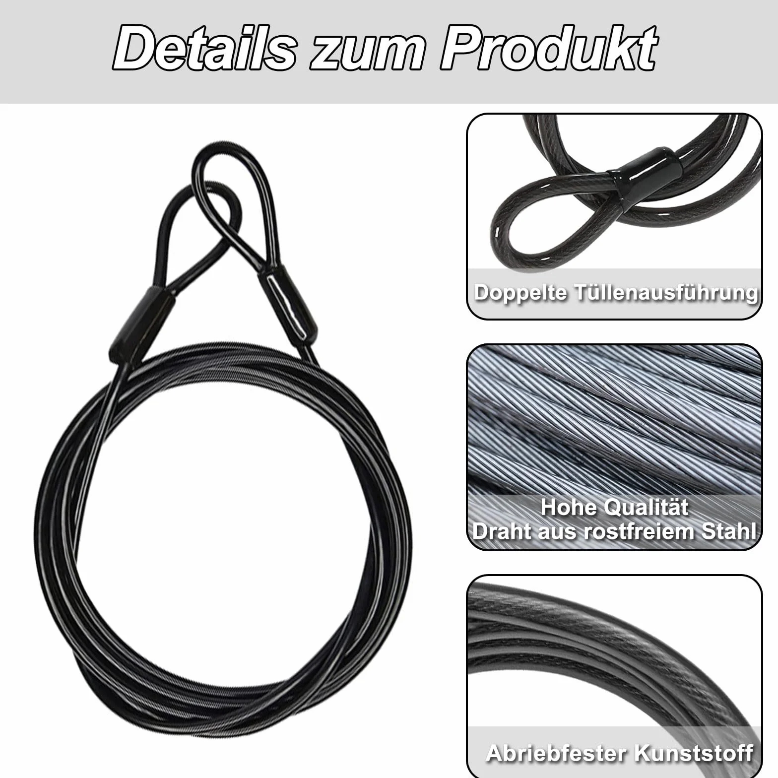 Cavo ad Anello in Acciaio con Occhielli 2 m Rivestimento in Plastica per Biciclette Serrature a Cavo (2 pezzi Neri)