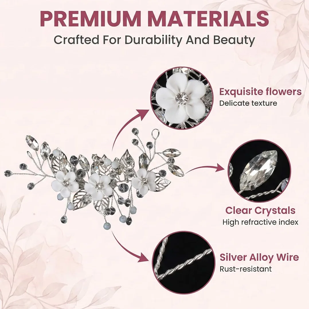 Pettinino per Sposa con Rami Fioriti, Accessori Capelli Eleganti per Cerimonia, Fermacapelli Decorativi per Donne & Ragazze (Argento)