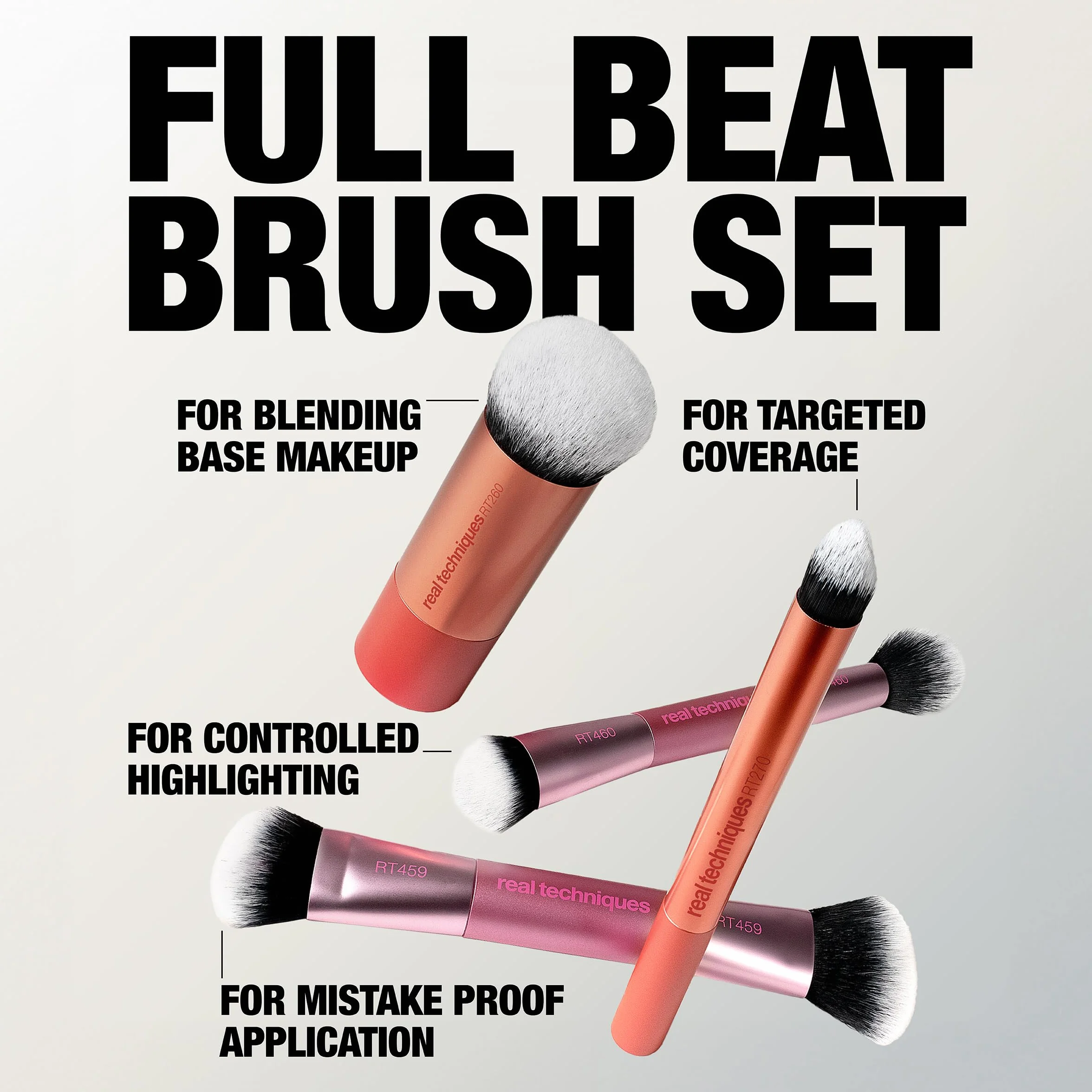 Real Techniques Full Beat Makeup Brush Set, 4 Piece Brush Kit for Foundation, Concealer, Blush, Contour, Highlight & Powder Blending, Travel Set, Soft UltraPlush Bristles, Cruelty-Free