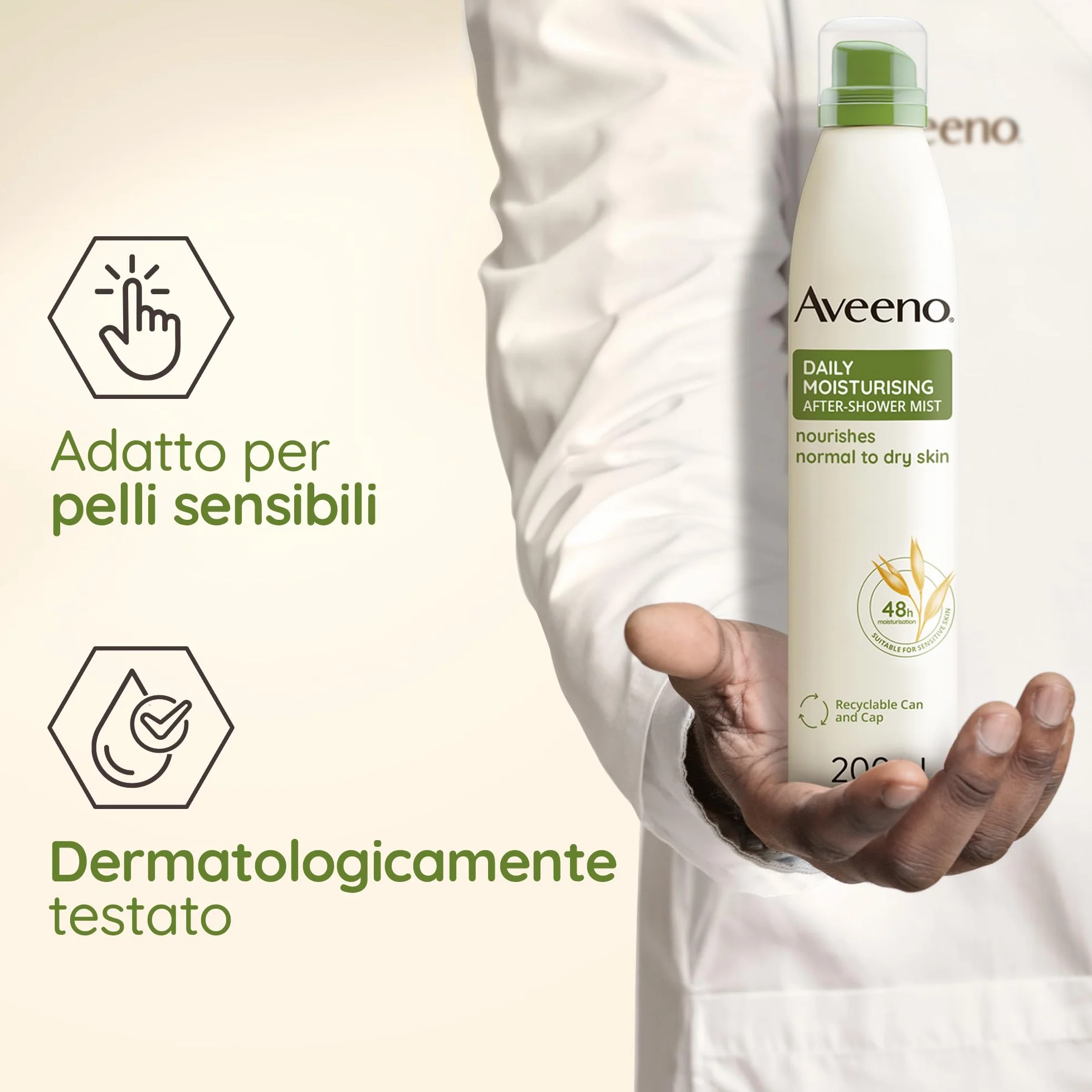 Aveeno Daily Moisturising Spray Dopo-Doccia, Crema corpo idratante in spray con Avena, Crema corpo spray per pelli secche e sensibili, Spray corpo senza profumo, 200 ml