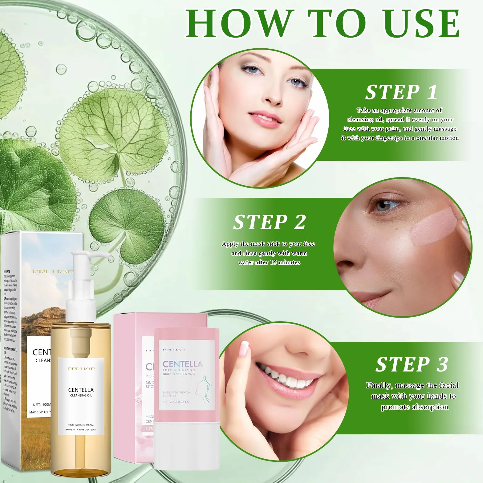 2 Pezzi Centella Kit, Centella Cleansing Oil + Centella Stick Mask, Cleansing Oil, Olio Detergente Viso, Deterge Delicatamente in Profondità e Restringe i Pori