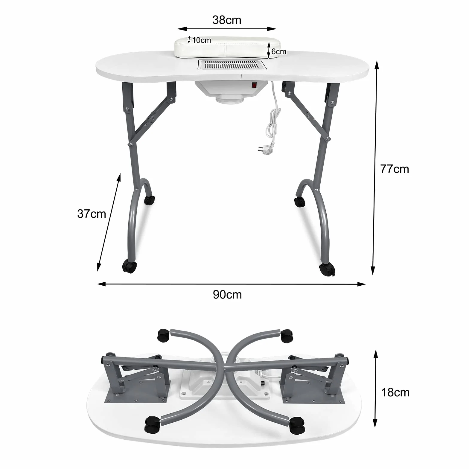 HENGMEI Tavolo per Unghie con Aspirazione, Tavolo Mobile per Manicure con Estrazione Della Polvere Incorporata Pieghevole per Salone per Unghie con Rotelle e Cuscino per i Polsi, Bianco