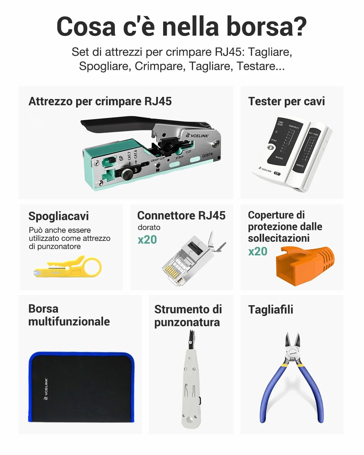 VCELINK Set di Pinze Crimpare RJ45, Kit Crimpatrice Ethernet per Cavo CAT7/CAT6A/CAT6/CAT5E, 20PCS Connettori RJ45 Passante, Tester Lan, Borsa