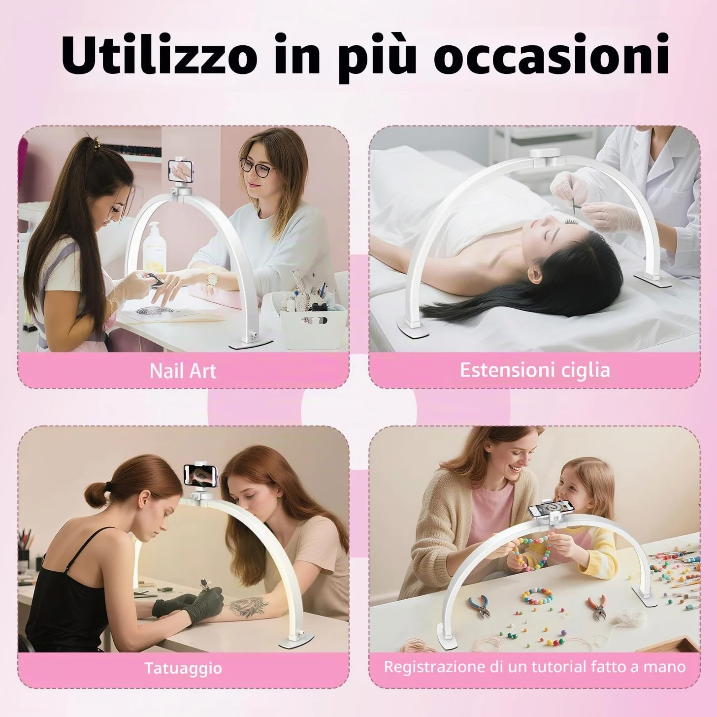 yAyusi Mezza Luna Lampada, 74CM 35W Pieghevole Lampada da Tavolo per Unghie con Supporto per Cellulare, 3 Modalità, 10 Livelli di Luminosità Regolabili, Adatti per Bellezza/Nail Art/Tatuaggio
