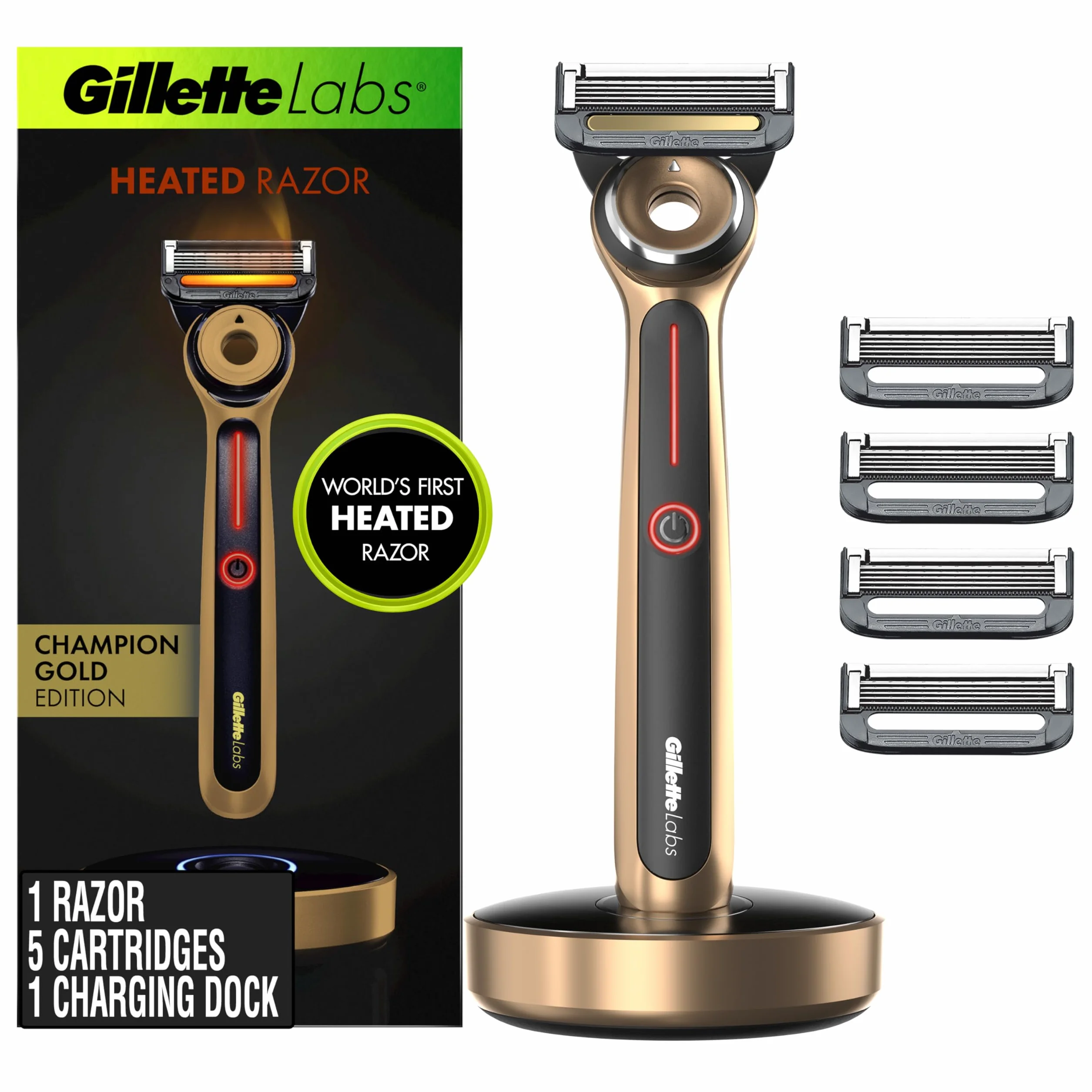 GilletteLabs Rasoio riscaldato Gold Edition - 1 Maniglia, 5 ricariche lama, 1 dock di ricarica