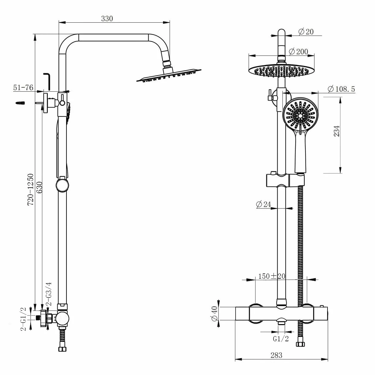 OCEAN ITALY Colonna Doccia Termostatico Set Soffione Rotondo Acciaio INOX Asta Saliscendi Regolabile