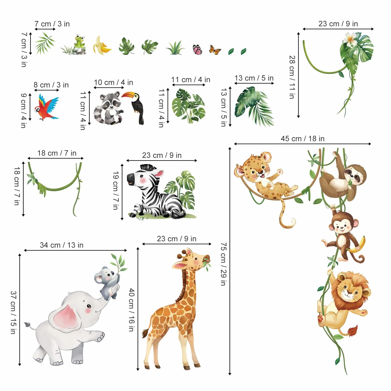 Adesivi Murali Animali della Giungla Giraffa Elefante Leone Safari Decorazione Murale per Camerette Bambini