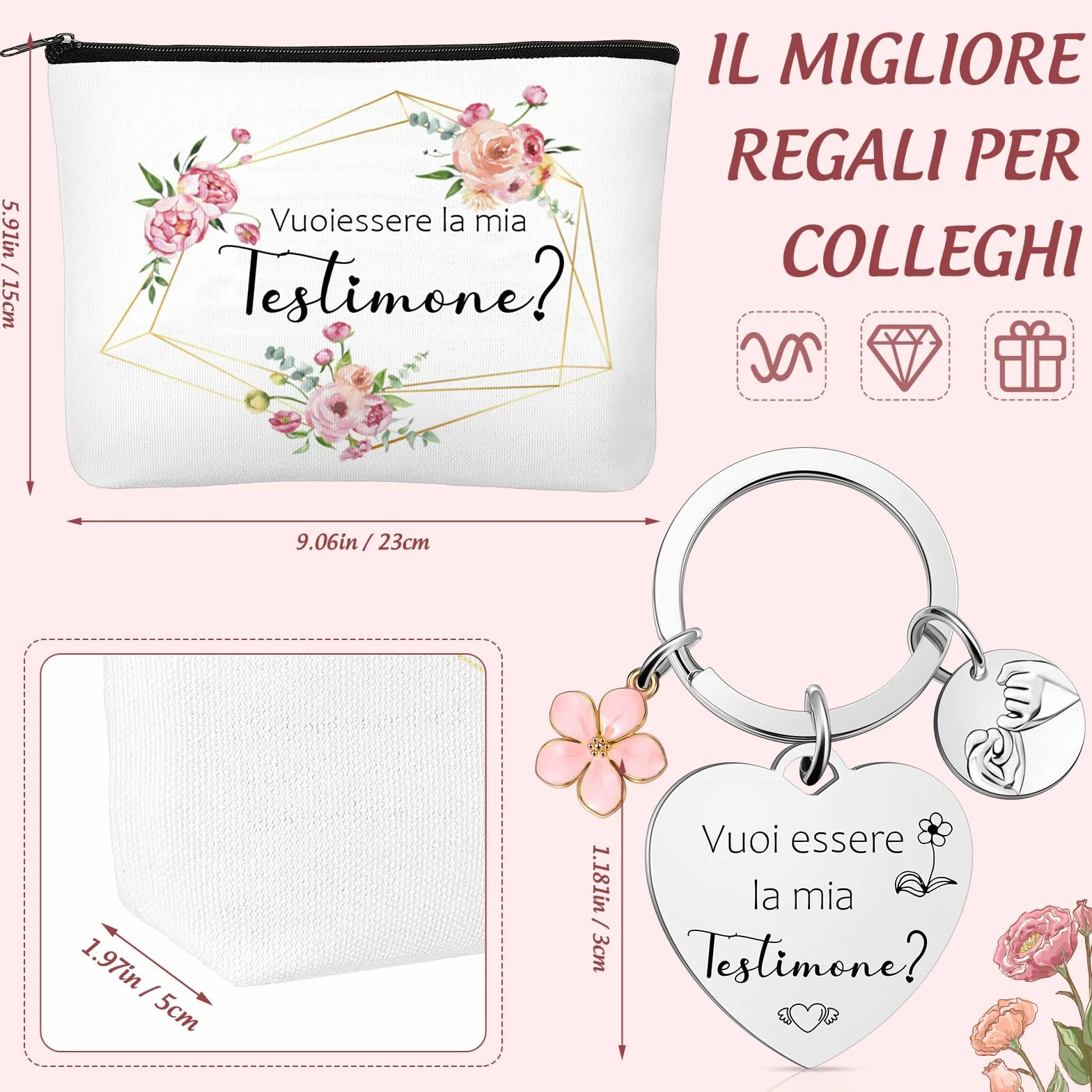 Tenare Set Regalo per Testimone di Nozze Borsa Cosmetica in Tela e Portachiavi con Scritta Vuoi Essere la Mia Testimone Regalo per Damigella d'Onore Rischiesta Proposta Testimone di Nozze
