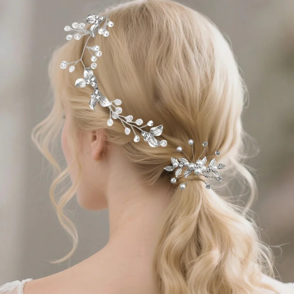 4 Pezzi Accessorio per Capelli da Sposa Pettini per Capelli da Sposa e Forcine a U con Strass Perla Nuziale Decorativo Cerchietto Festa di Nozze per Donne e Ragazze (Argento)