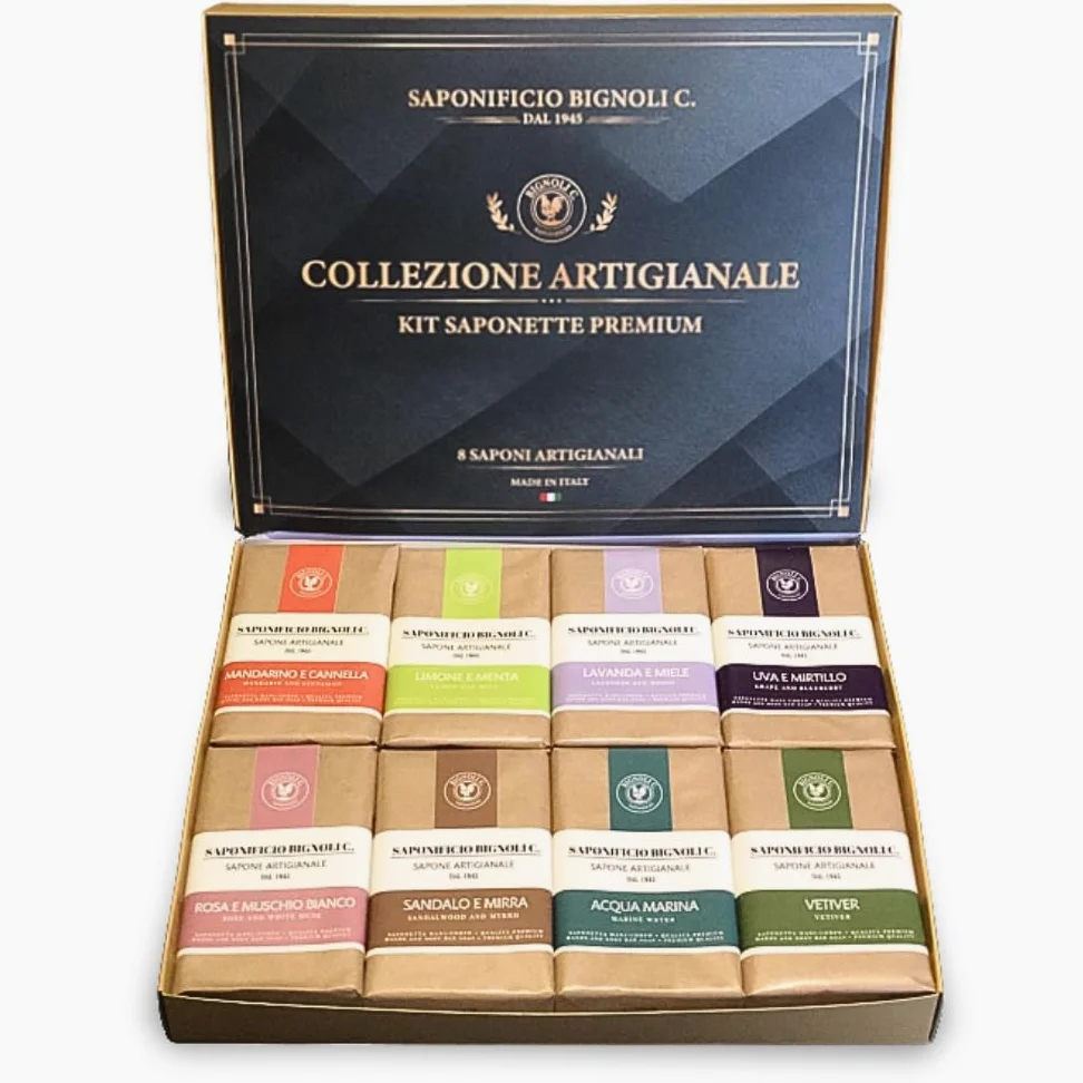 Bignoli Set Regalo Saponette Artigianali – 8 saponi corpo profumati in cofanetto premium, artigianale Made in Italy con formule tradizionali e confezioni singole (Classic)