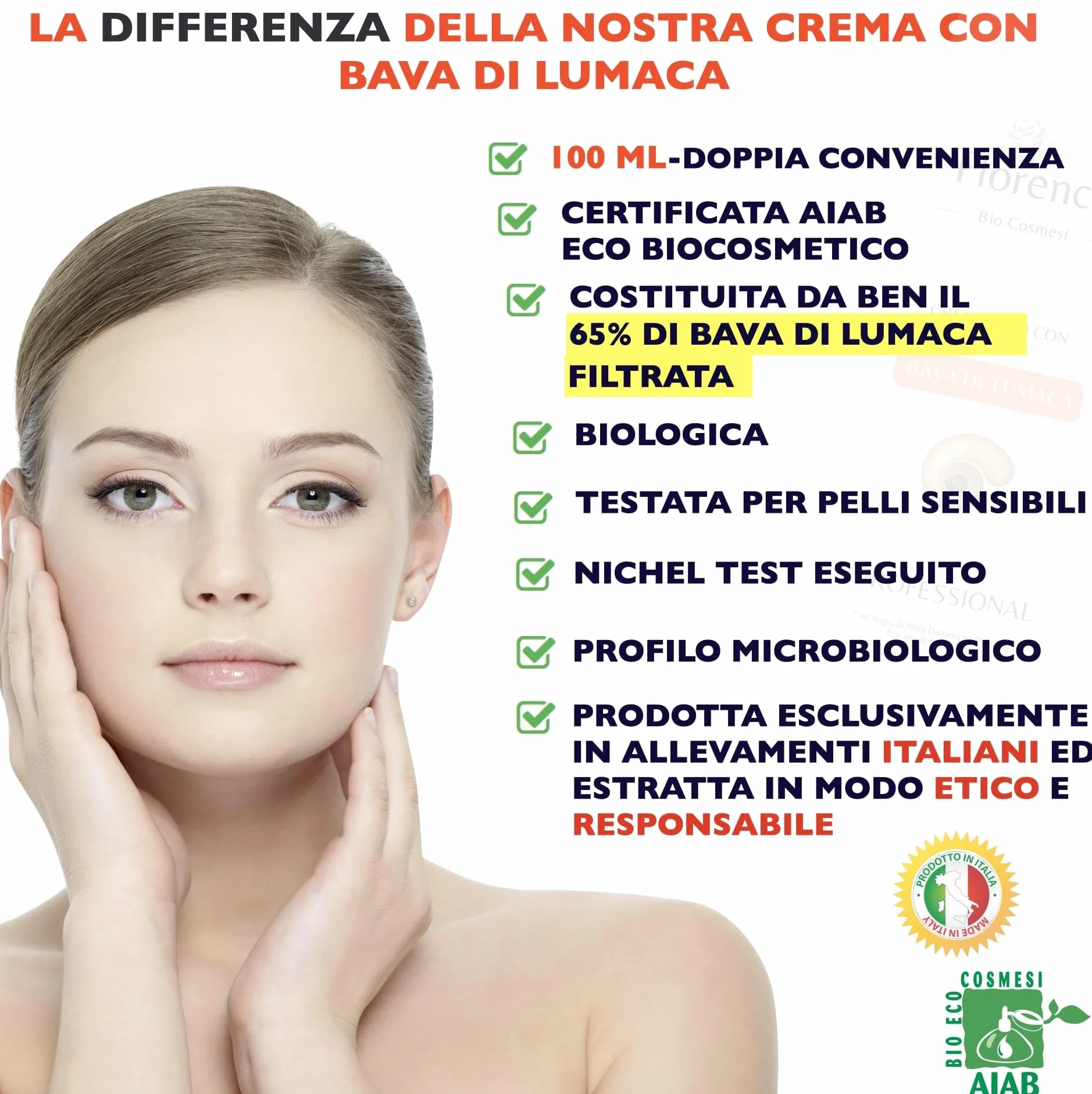 100ml. Bio Crema con Bava di Lumaca al 65%, Acido Ialuronico Puro 100%, Vitamina C, E. Ingredienti a Nota Azione Antietà, Cicatrizzante e Antimacchia per Viso, Collo e Contorno Occhi.