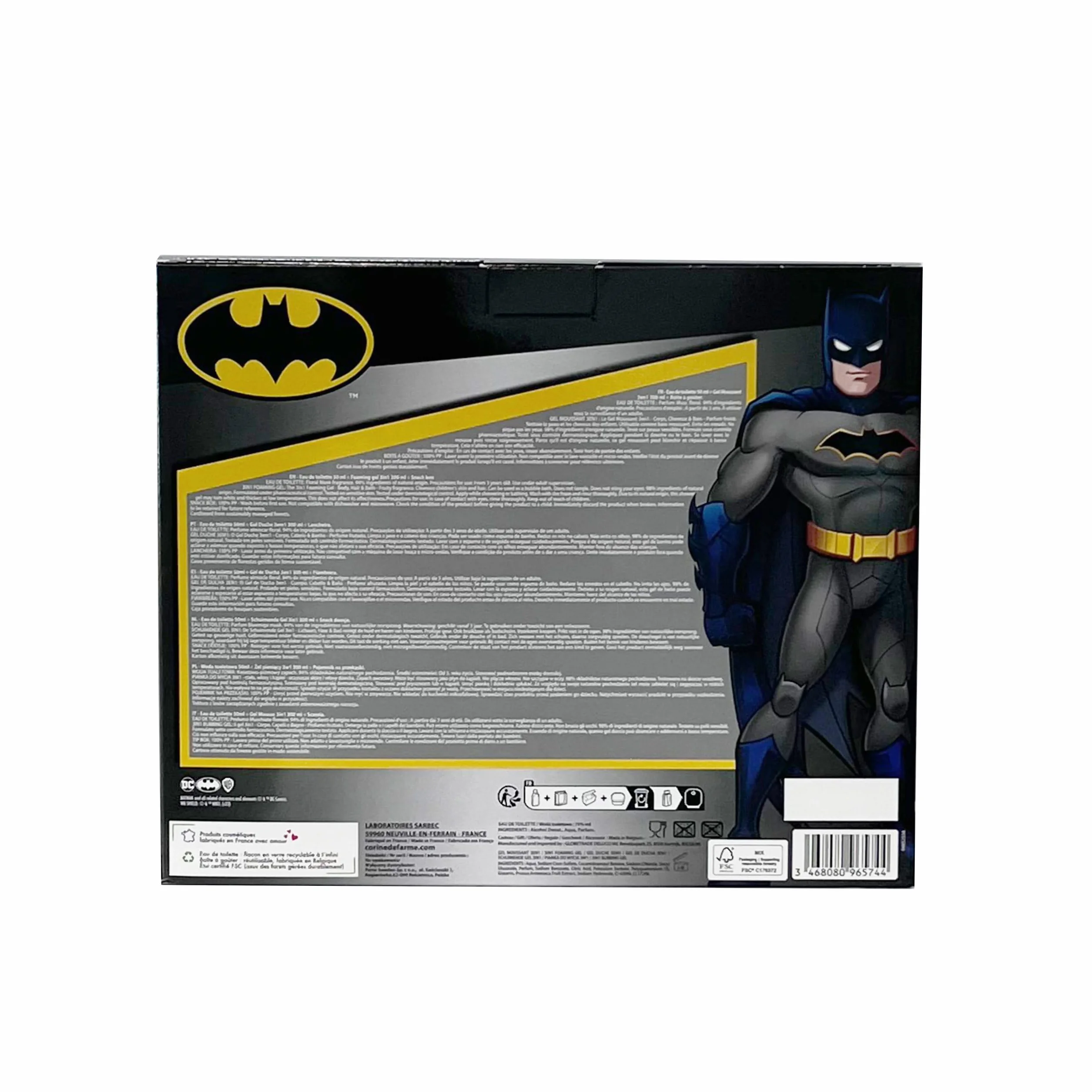 Corine de Farme - Cofanetto Batman con Eau de Toilette 50 ml, bagno schiumogeno 300 ml e scatola per gustare - Regalo per ragazzo - Profumo per bambini Profumo Muschio floreale - Gel fruttato 3 in 1