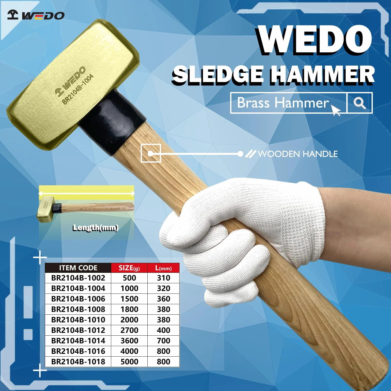 WEDO Martello da fabbro in ottone 1000g con Impugnatura Ergonomica legno 320mm