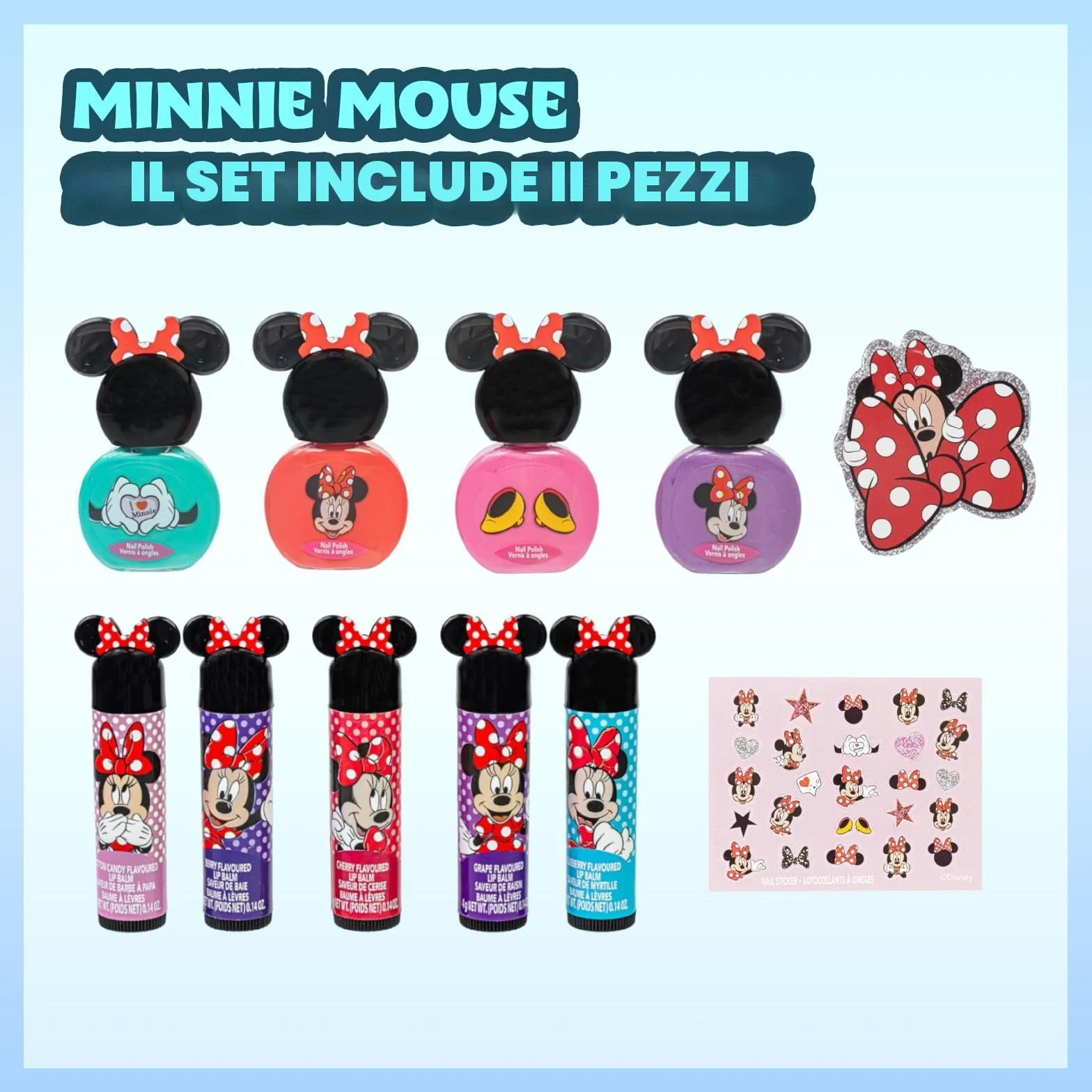Minnie Mouse Set Trucco Glitter 11 pz Gloss, Smalto e Adesivi Unghie