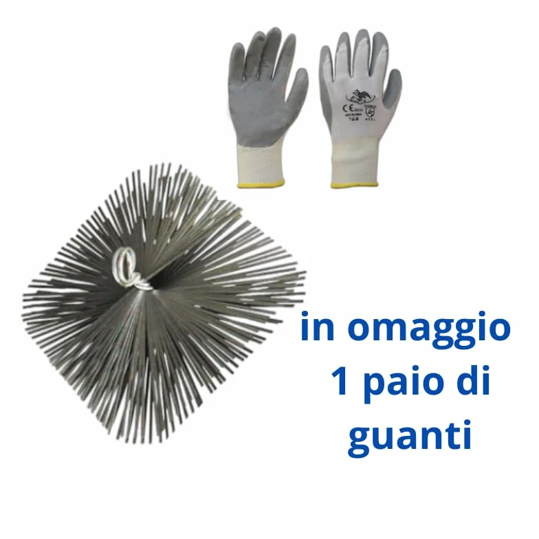 PINTO FERRAMENTA Kit Spazzacamino Pulizia Canna Fumarie Spazzola Tonda Quadrata Asta Stufa Legna Camino Pellet Guanti 25 CM