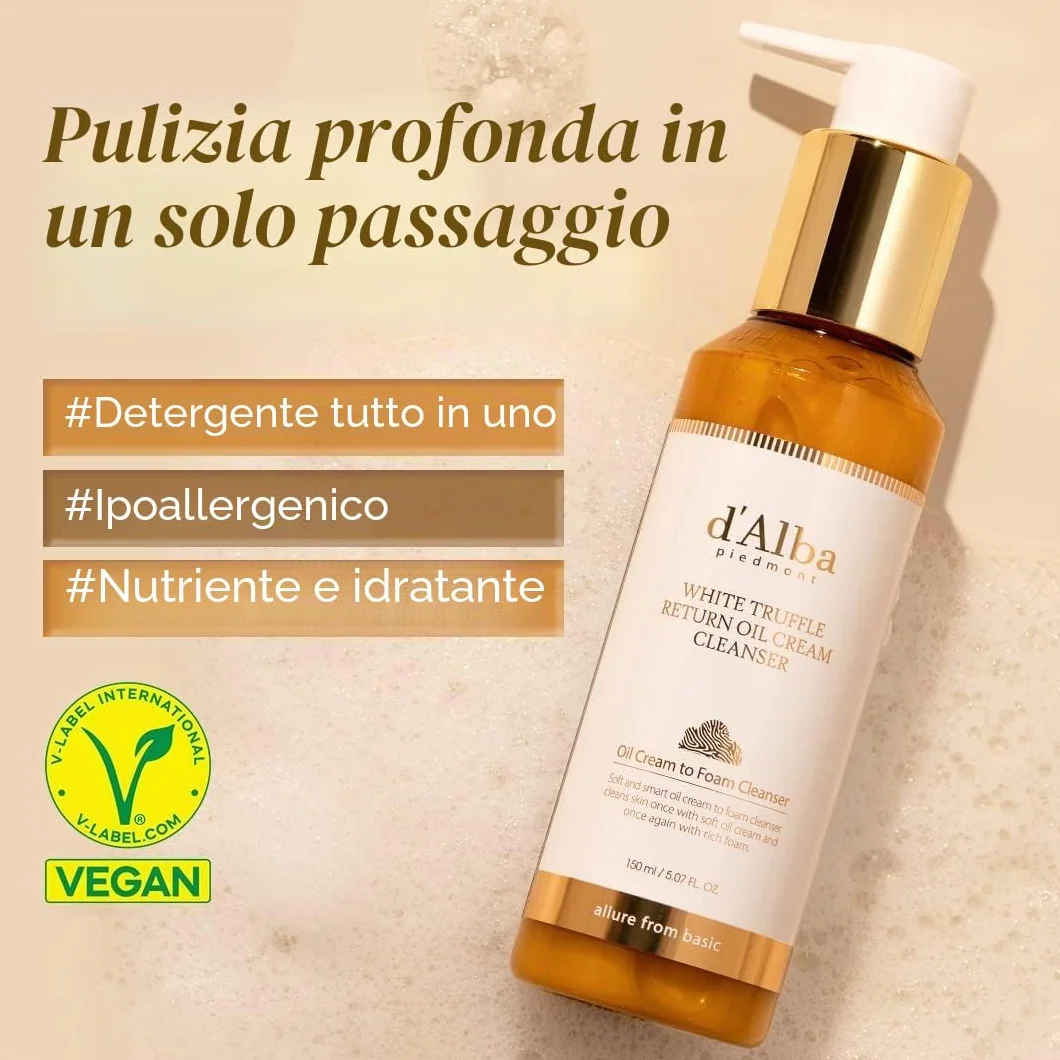 d'alba Crema Detergente Olio Ritorno al Tartufo Bianco Piemontese, Vegano, Facile Detergente One Step che Rimuove Sebo + Struccante