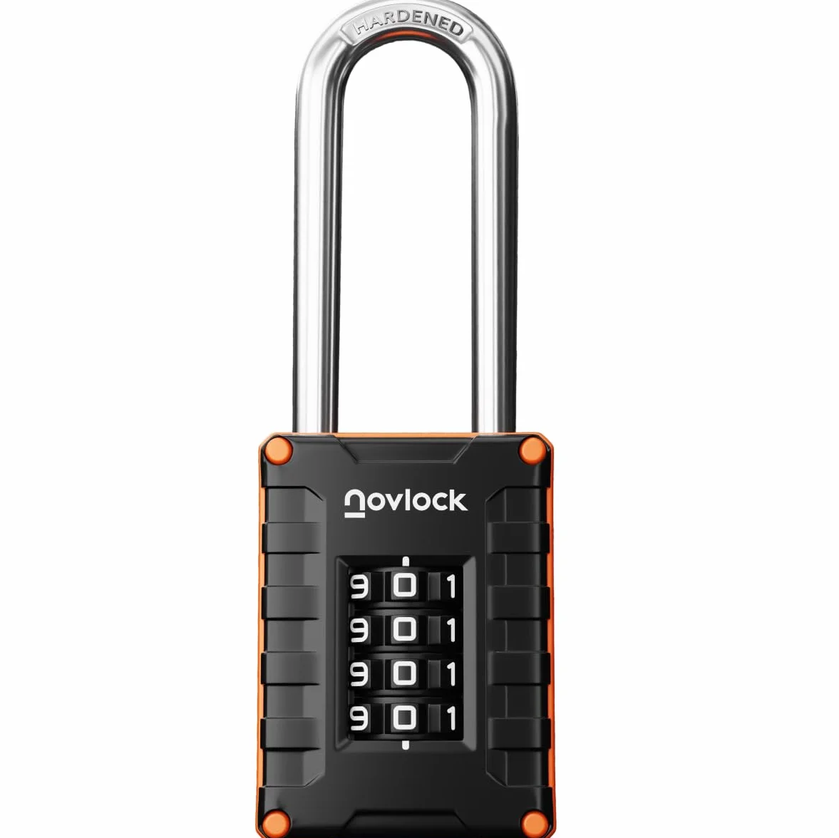 Lucchetto con combinazione arco extra lungo 7 cm – alta sicurezza, codice a 4 cifre, nero/arancione