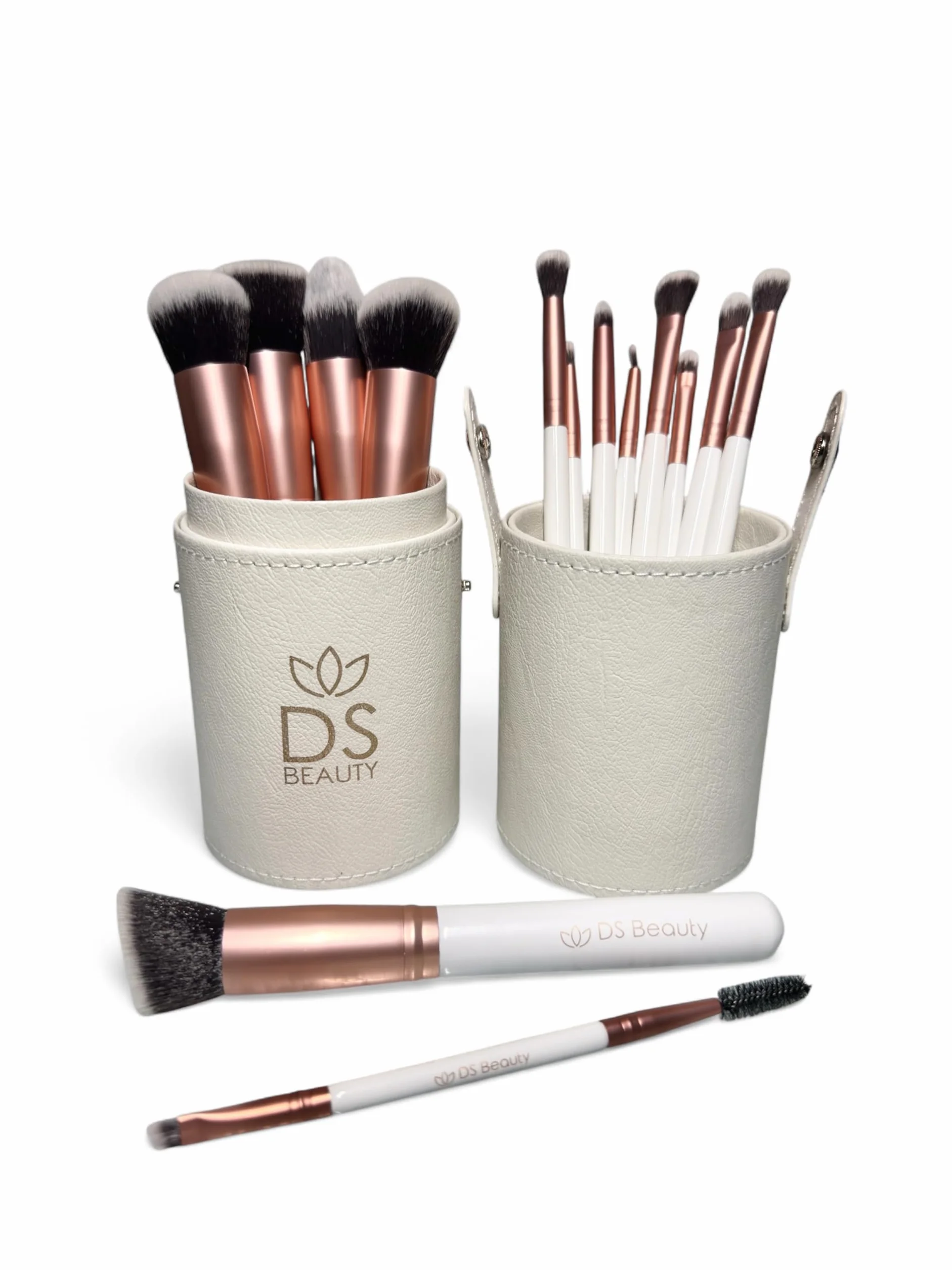 Set di 14 Pennelli Make Up Professionali - Morbidi, Ipoallergenici, per Fondotinta, Ombretti e Cipria in Custodia Elegante e Portatile a Tubo - Ideale per Principianti ed Esperti (Bianco)