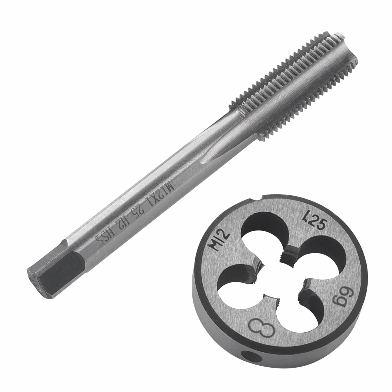 Set maschi e filiere HSS M12 x 1,25 mm filettatura destra fine diritta scanalata