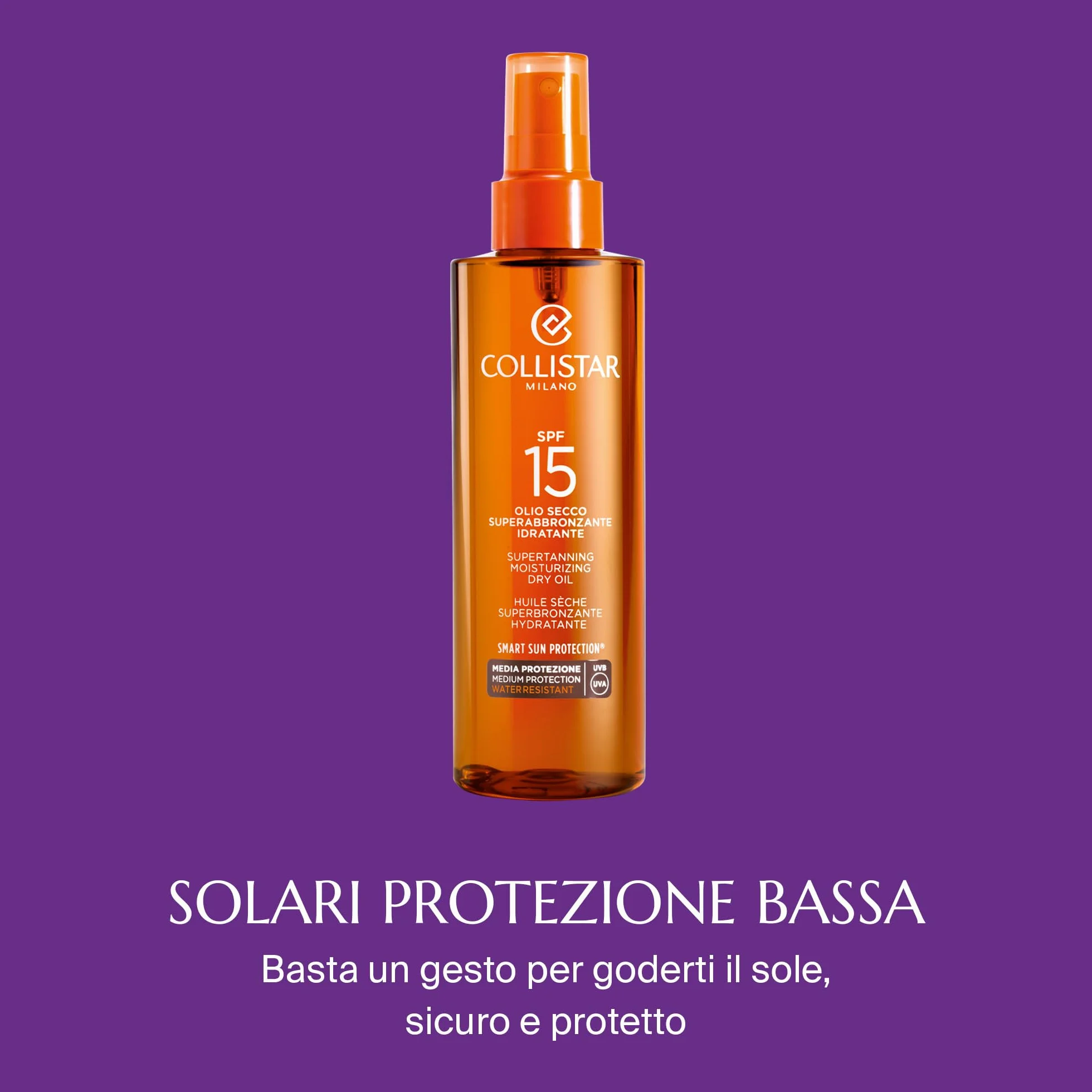 Collistar Olio Secco Superabbronzante Idratante SPF 15, Protezione Solare Media, Intensifica l’Abbronzatura, Per Corpo, Viso e Capelli, Non Unge, Rapido Assorbimento, 200 ml