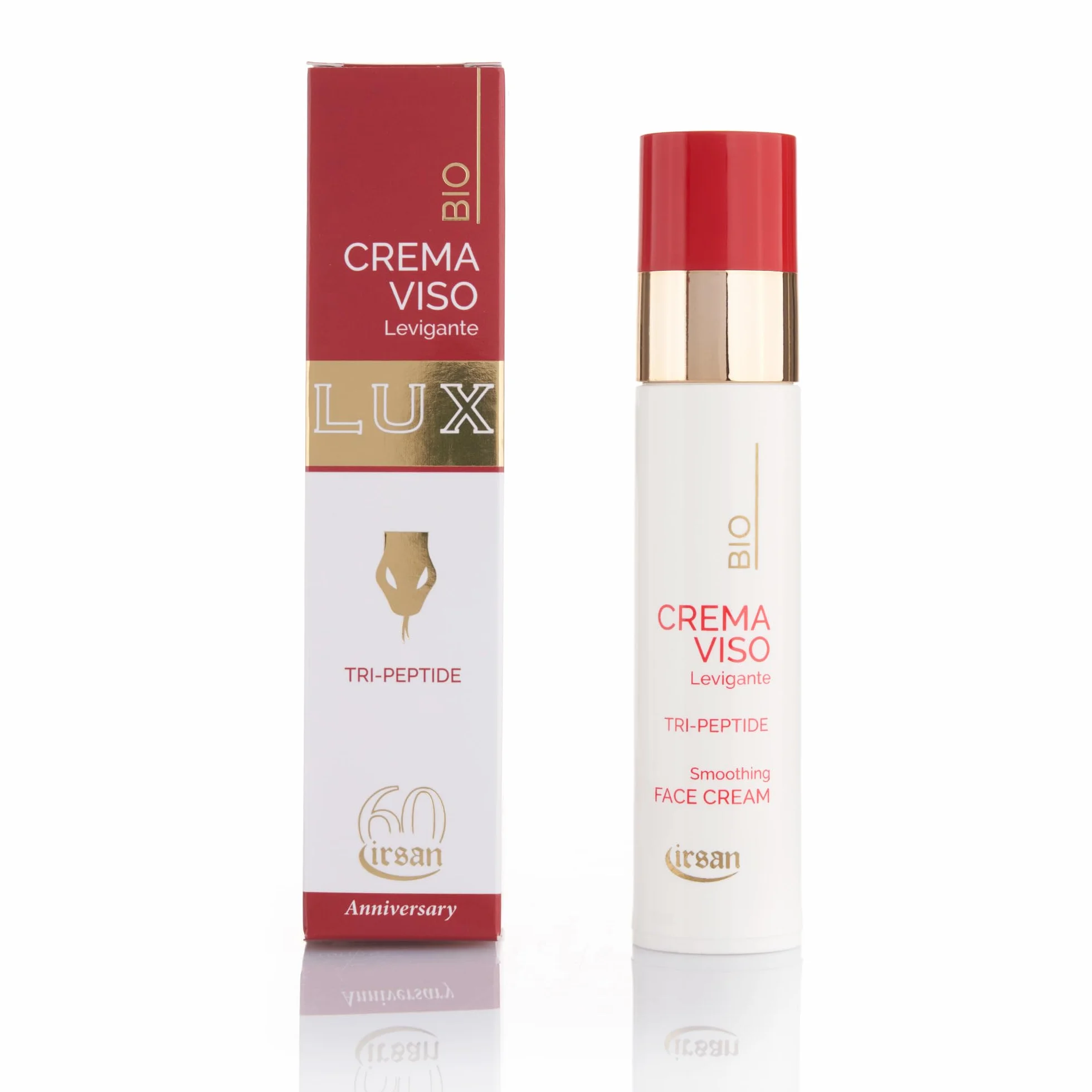 irsan Crema Viso Collo e Decolletè Levigante Antietà con Acqua termale, Tri-Peptide, Burro di Karite’, Aloe, Acido J. e Camomilla. 50 ml