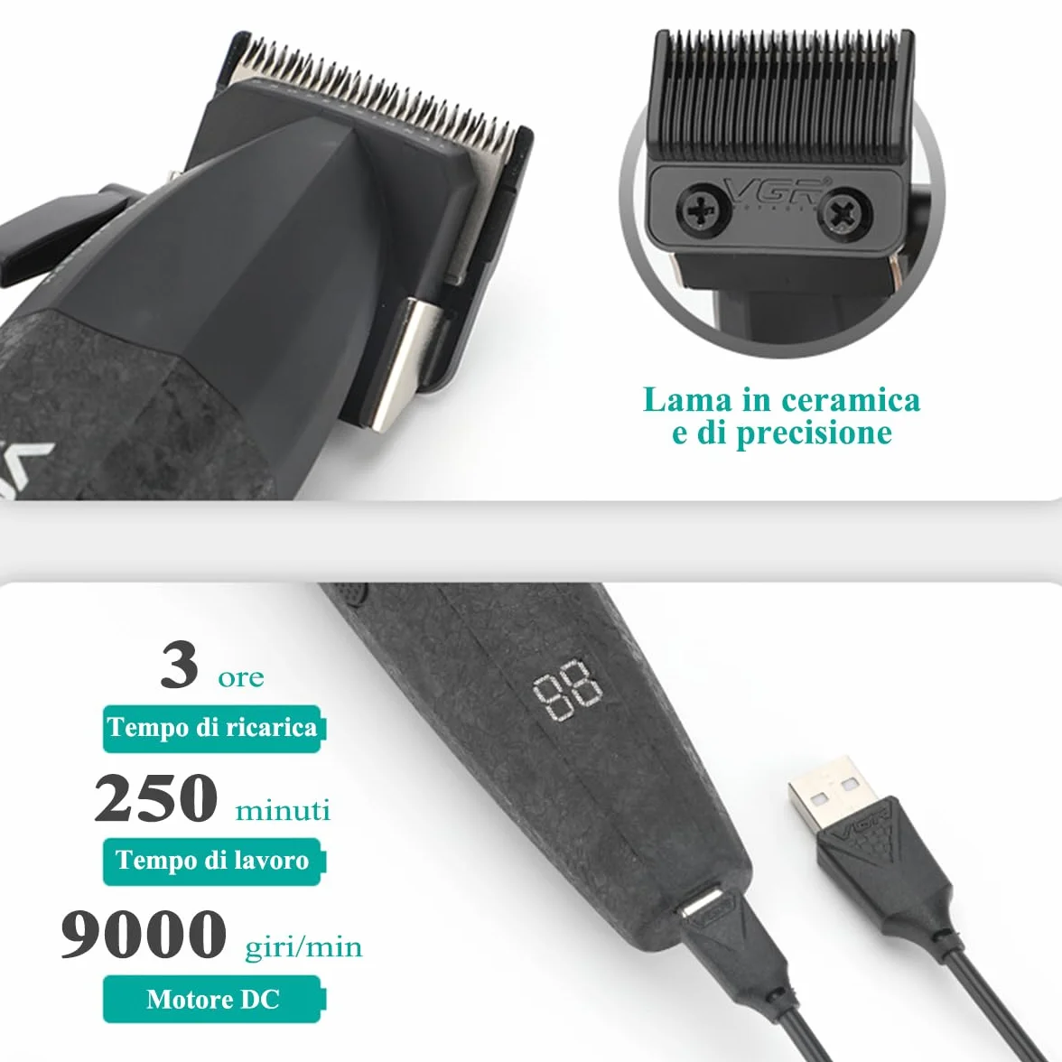 VGR 640 Tagliacapelli Professionale Per Uomo, Set Di Tagliacapelli E Trimmer Senza Fili, Zero Gap T-Blade, Lama In Ceramica DLC, Kit Barbiere Di Alta Qualità Con Display LED (Nero)
