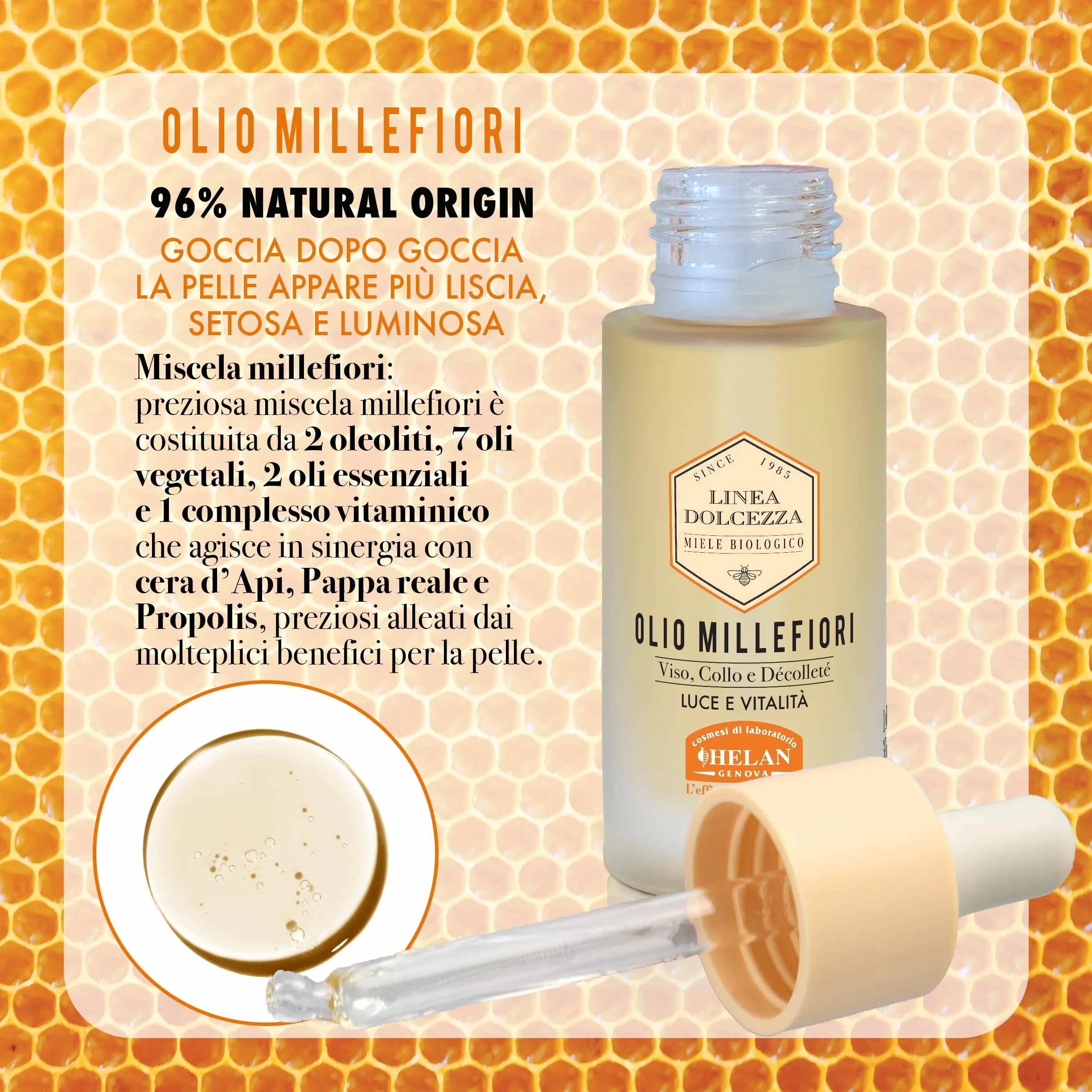 Helan Linea Dolcezza - Olio Viso, Collo e Décolleté Millefiori, Idratante e Antirughe, con Cera d’Api e Propolis, Olio Secco a Rapido Assorbimento - Prodotti Skincare Viso, Made in Italy, 30 ml