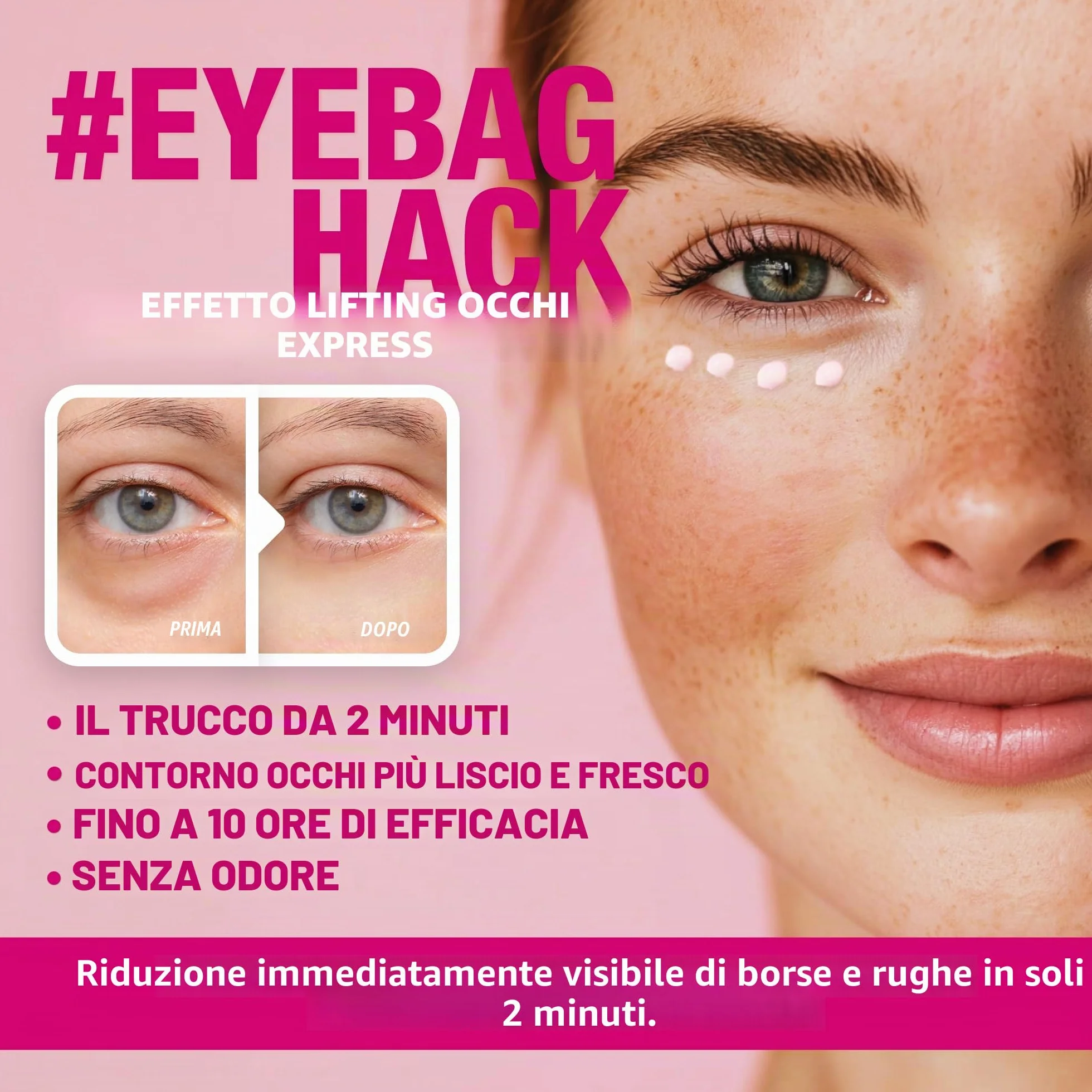 EYEBAGHACK - Effetto Express Eyelift contro le borse e le rughe, occhi visibilmente lisci in 2 minuti, tecnologia Invisible Flex Film per un effetto fino a 10 ore, 5x mini tubetti richiudibili