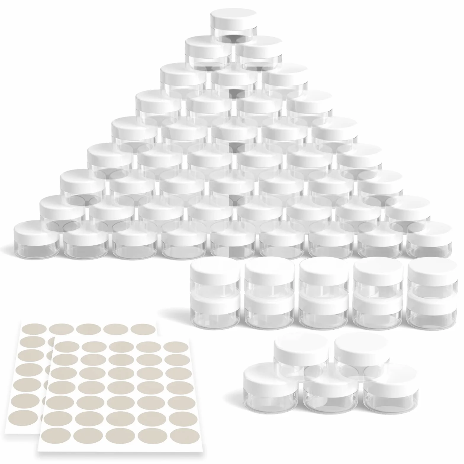 Newaner 60 Pezzi Barattolo Cosmetici, 10g10ml Mini Vasetto Trasparente con Tappo a vite Vasetti Plastica, lattina vuota con adesivi, per trasportare trucco, creme, lozioni, mini candele(Bianco)