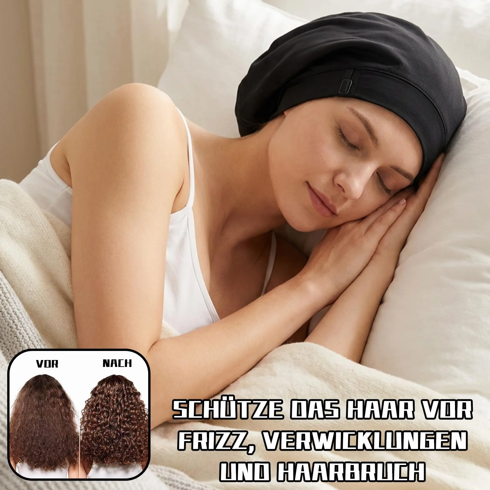 Notoke Cuffia in seta per dormire, nera satinata con fodera in seta, cappuccio per capelli ricci, cappello per dormire regolabile, per donne e ragazze, cura dei ricci di notte