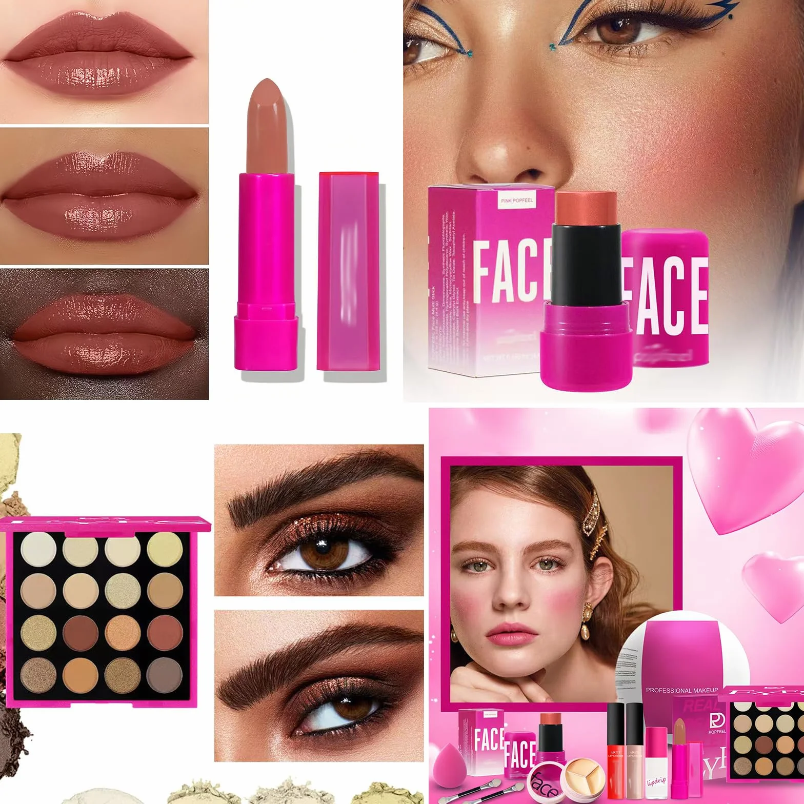 Mini Set Trucco Completo 10 Pezzi con Palette Ombretti 16 Colori, 2 Rossetti Liquidi Opachi, Rossetto, Olio Labbra, Blush Stick, Correttore 3 Colori, Pennelli, Spugna, Idea Regalo Donna Ragazza