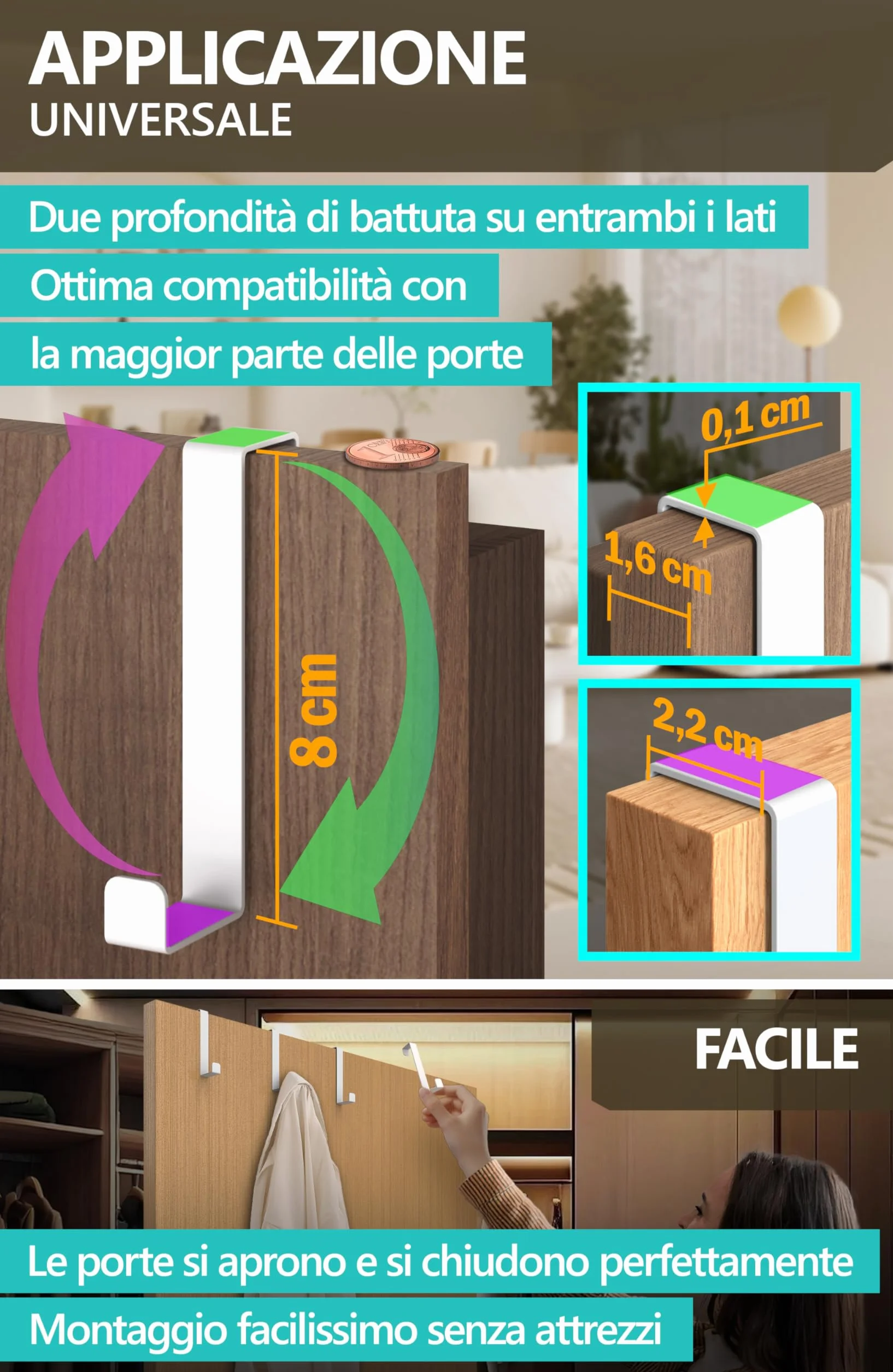 Appendiabiti da Porta Bianco 6 Ganci Acciaio Inox Attaccapanni Gancio Porta Elevata Capacità di Carico