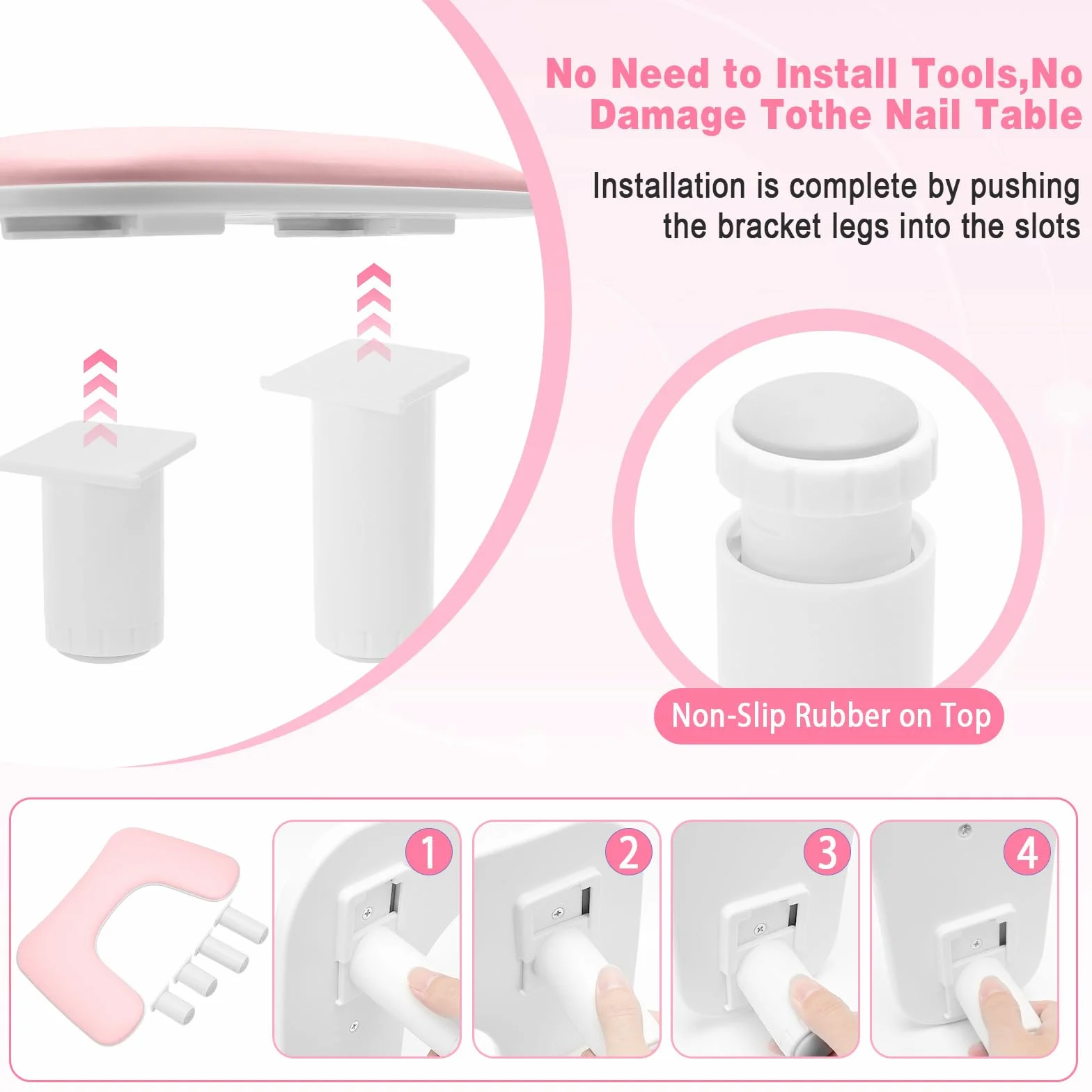 Bracciolo a forma di U per manicure e nail art, con regolazione in altezza, antiscivolo, in pelle PU, per manicure e nail art (rosa)