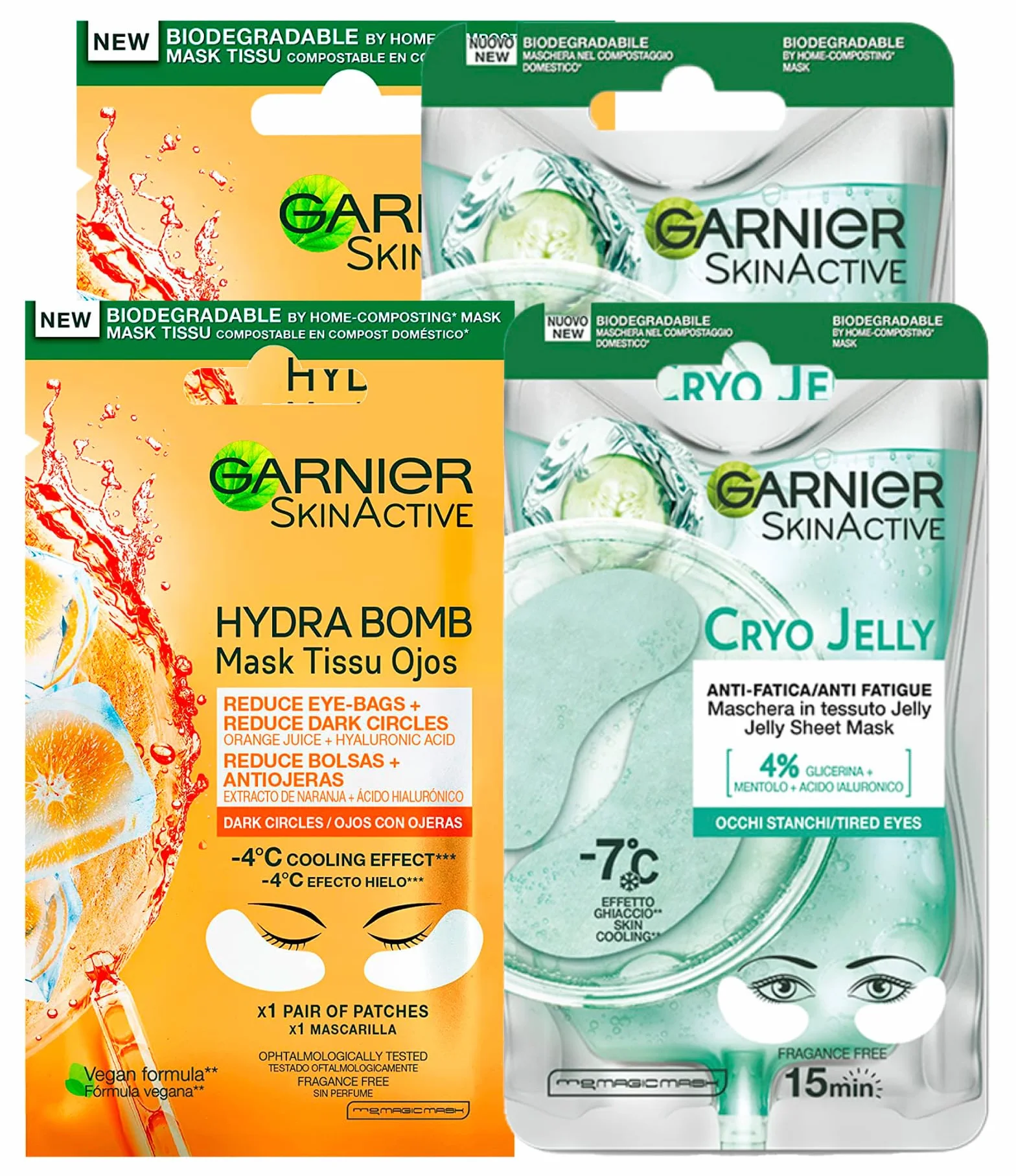 Garnier SkinActive Hydra Bomb Maschera Occhi contro Occhiaie con Succo d'Arancia e Acido Ialuronico 4 Patch + Cryo Jelly Maschera Occhi Anti-Fatica Effetto Ghiaccio con Glicerina e Mentolo 4 Patch