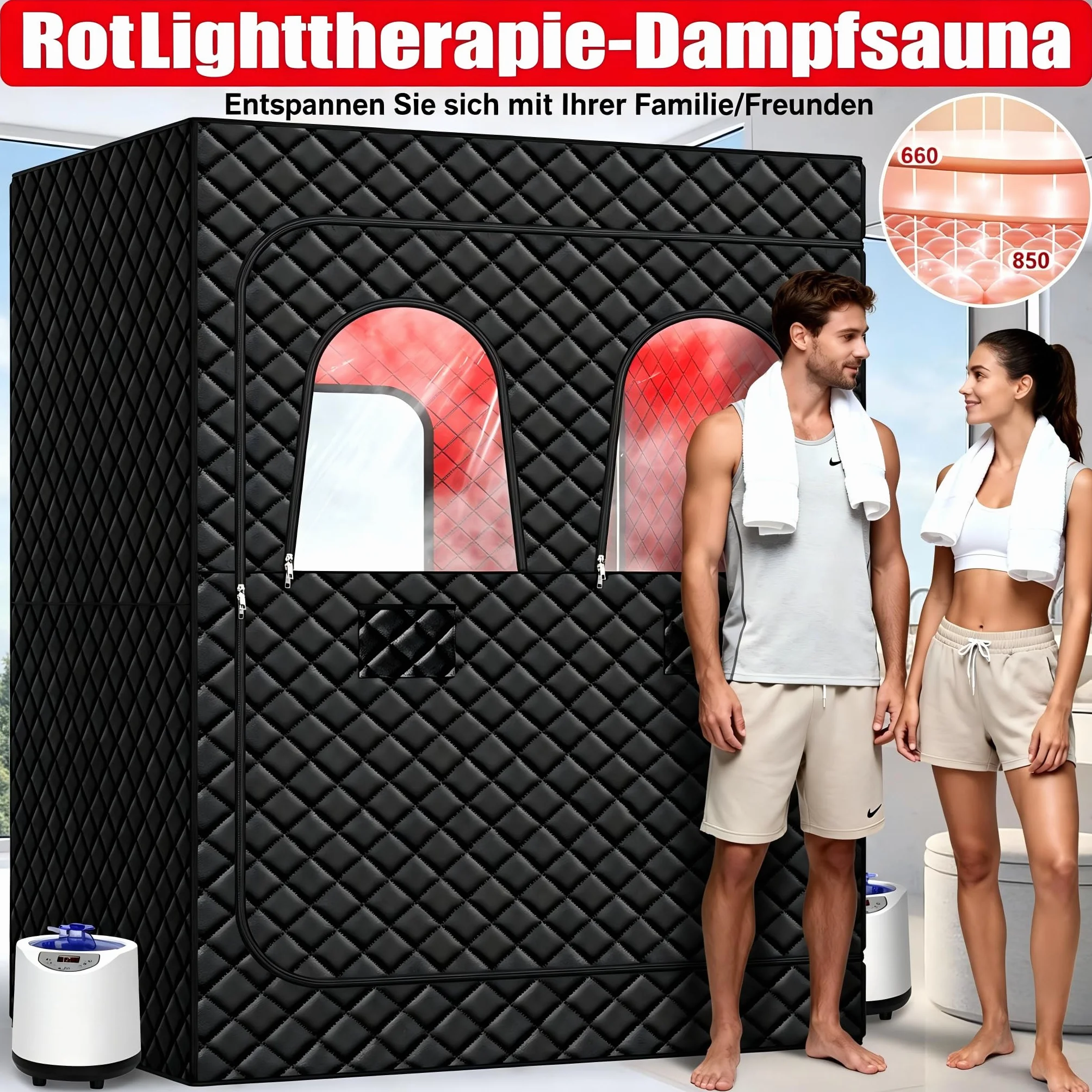 Sauna a infrarossi per 2 persone, portatile, 5 strati, impermeabile, 2 generatori vapore, sedie pieghevoli