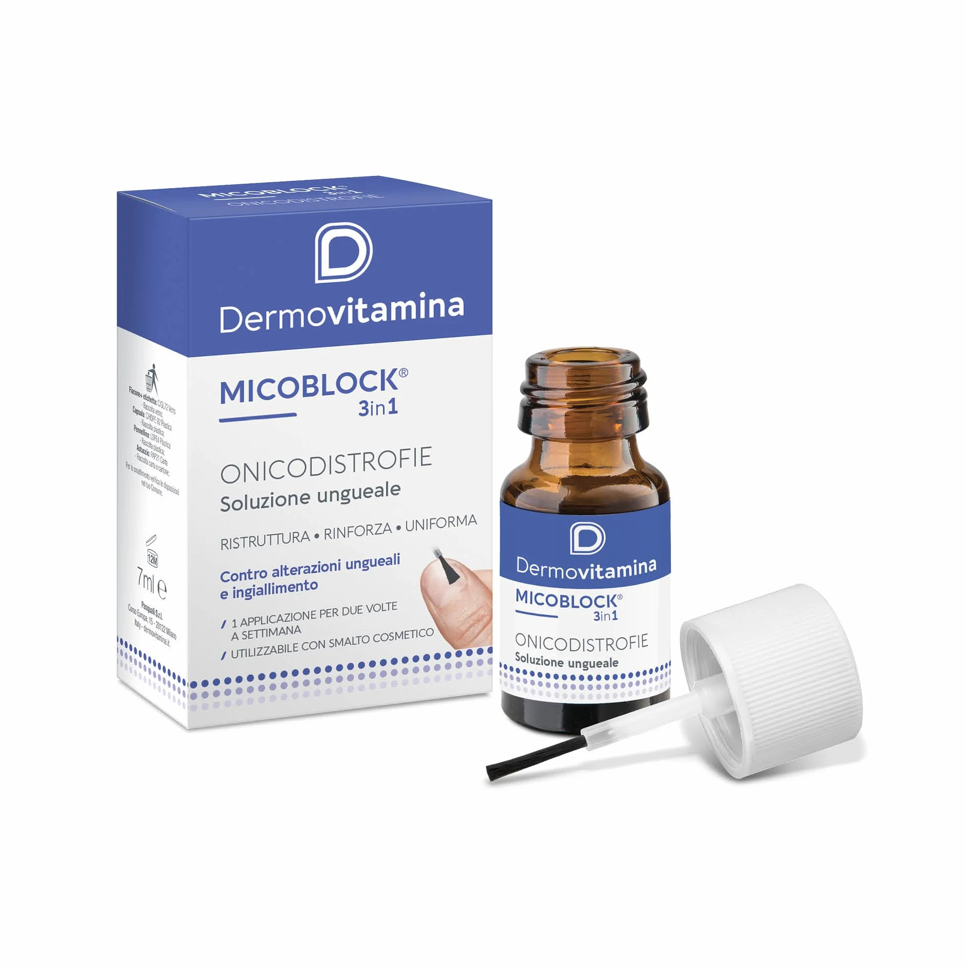Dermovitamina Micoblock 3in1 Onicodistrofie - Smalto Rinforzante Unghie - Senza Siliconi, Profumo e Coloranti - Rinforzante Unghie Fragili Curativo - Soluzione Ungueale da 7 ml