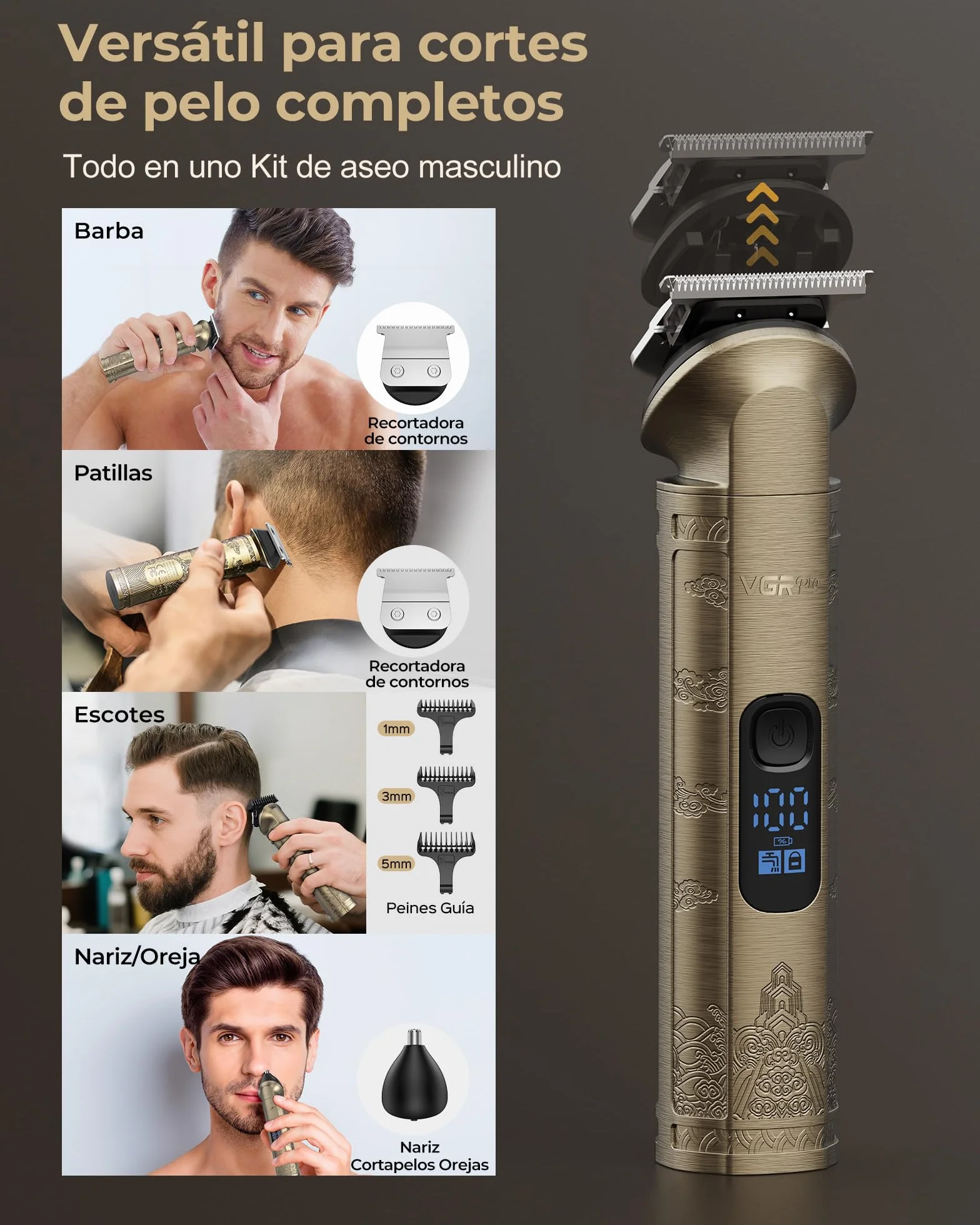 VGRPRO Tagliacapelli uomo professionale, Tagliacapelli Senza Fili per Macchinetta per Capelli, set di Capelli Trimmer e Taglia capelli uomo elettrico Con confezione (Oro)