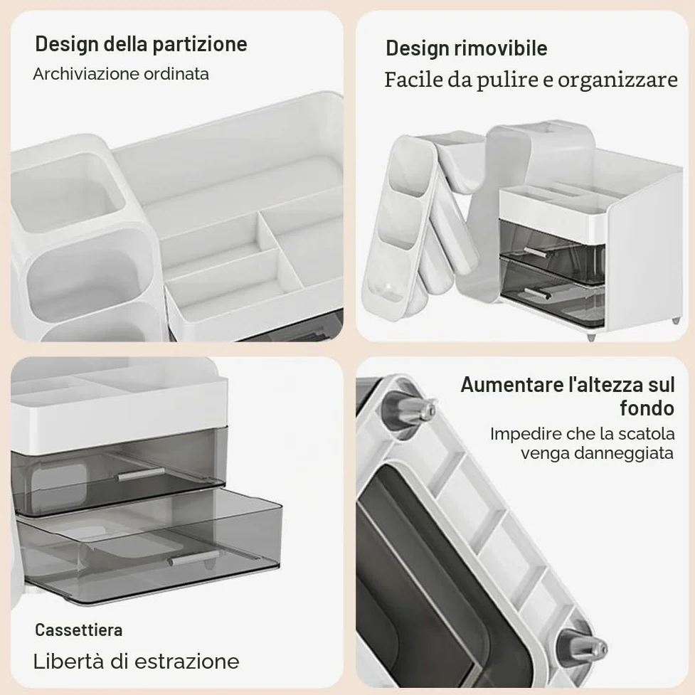Organizer per cosmetici con 3 cassetti, grande capacità e portatile - Scatola per il trucco per scrivania, viaggio e bagno, ideale per amanti del trucco e professionisti (Bianco)