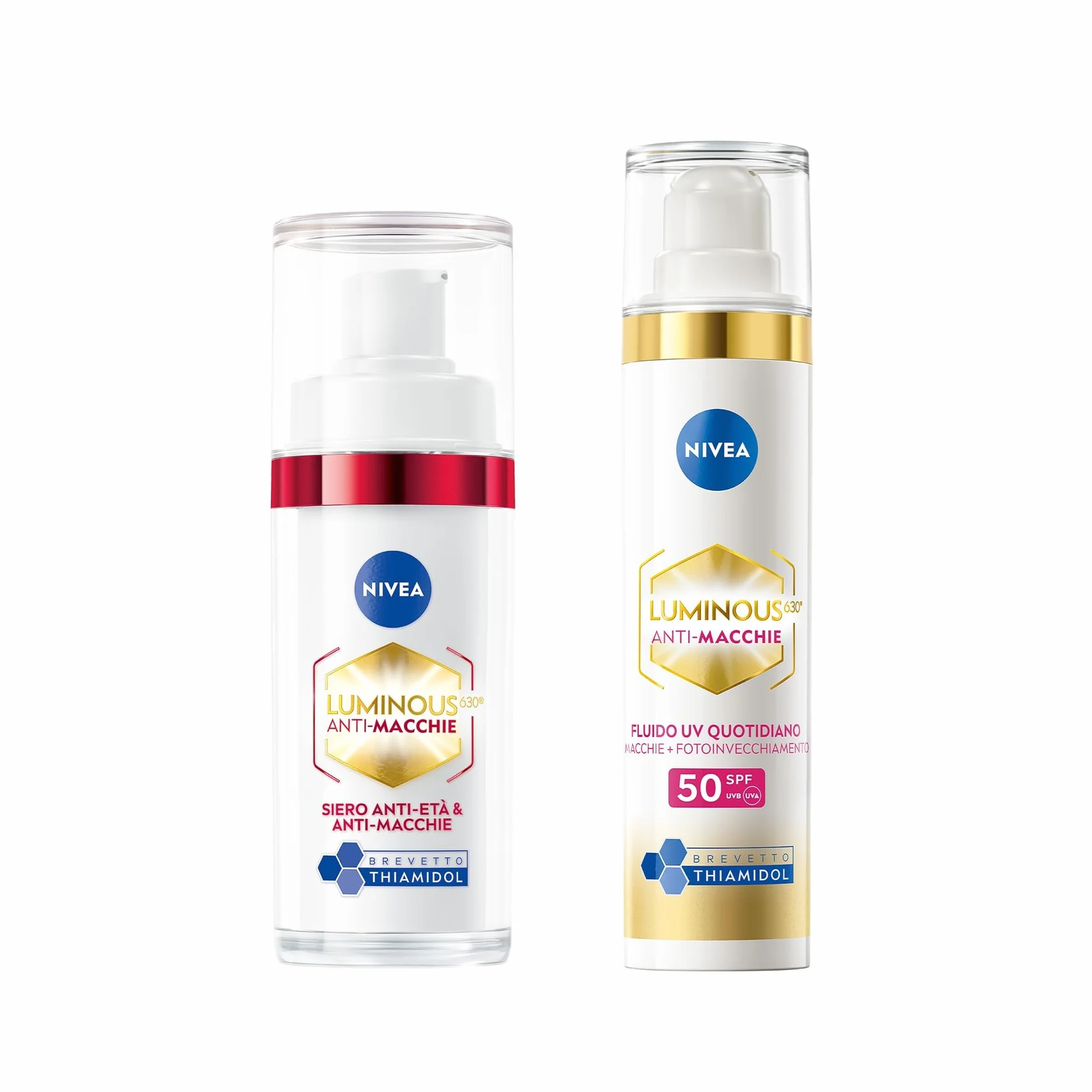 NIVEA Luminous630 Skincare Kit Anti-Macchie, Set skincare completo con Siero Viso Anti-Età & Anti-Macchie 30 ml e Fluido UV Quotidiano Crema viso SPF 50 40 ml con Thiamidol brevettato antimacchia