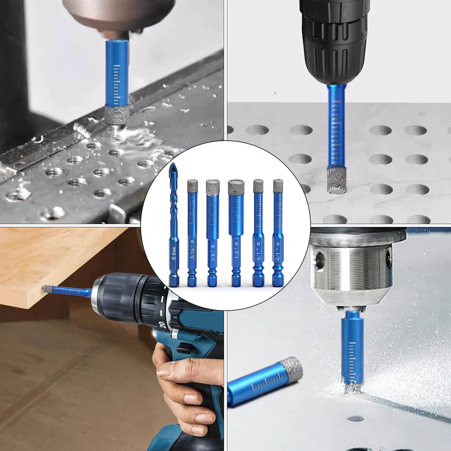 Set di 6 punte diamantate per piastrelle, granito, vetro, 6-12 mm e metallo duro